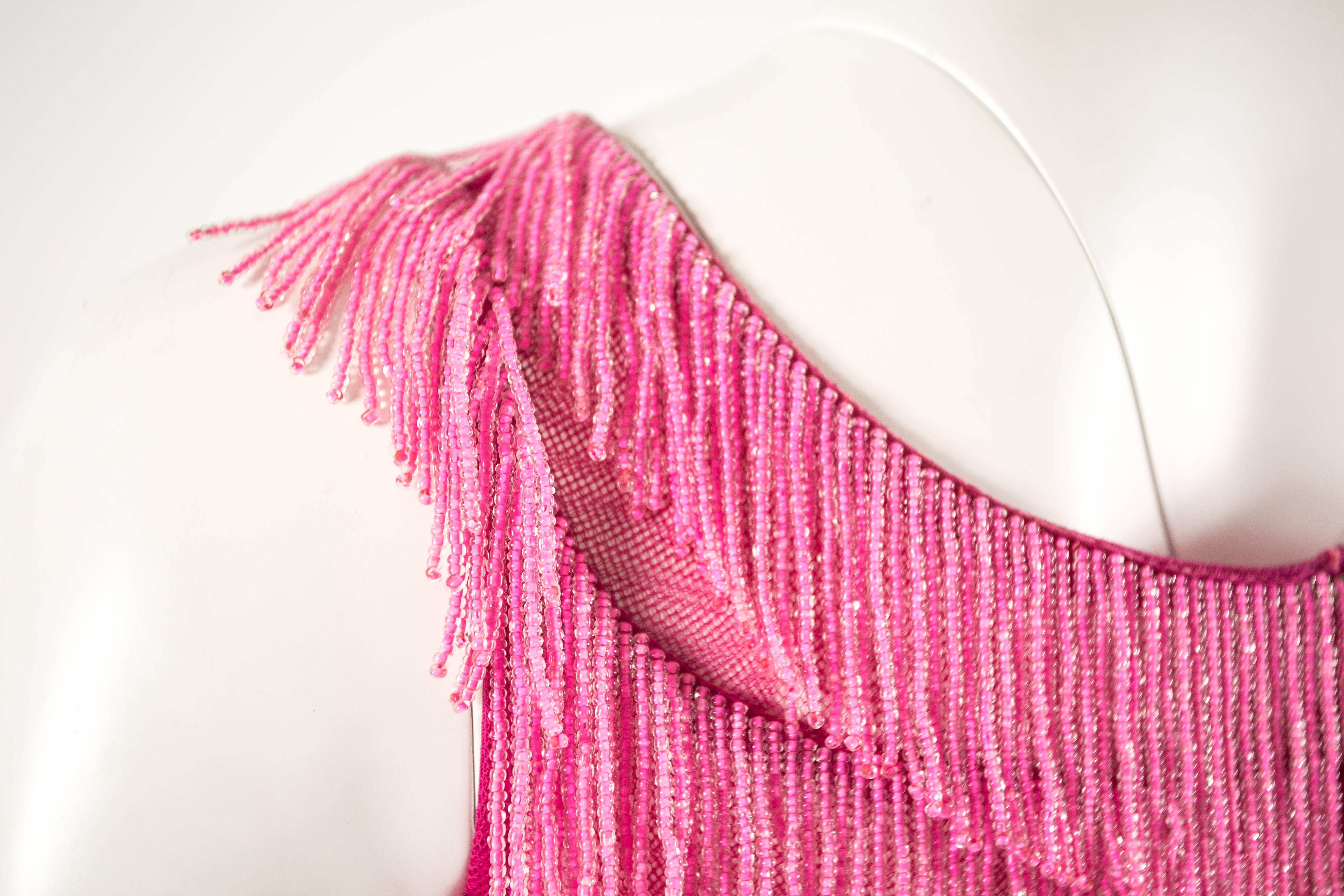 Women's 1960 hot pink beaded fringed cropped evening vest