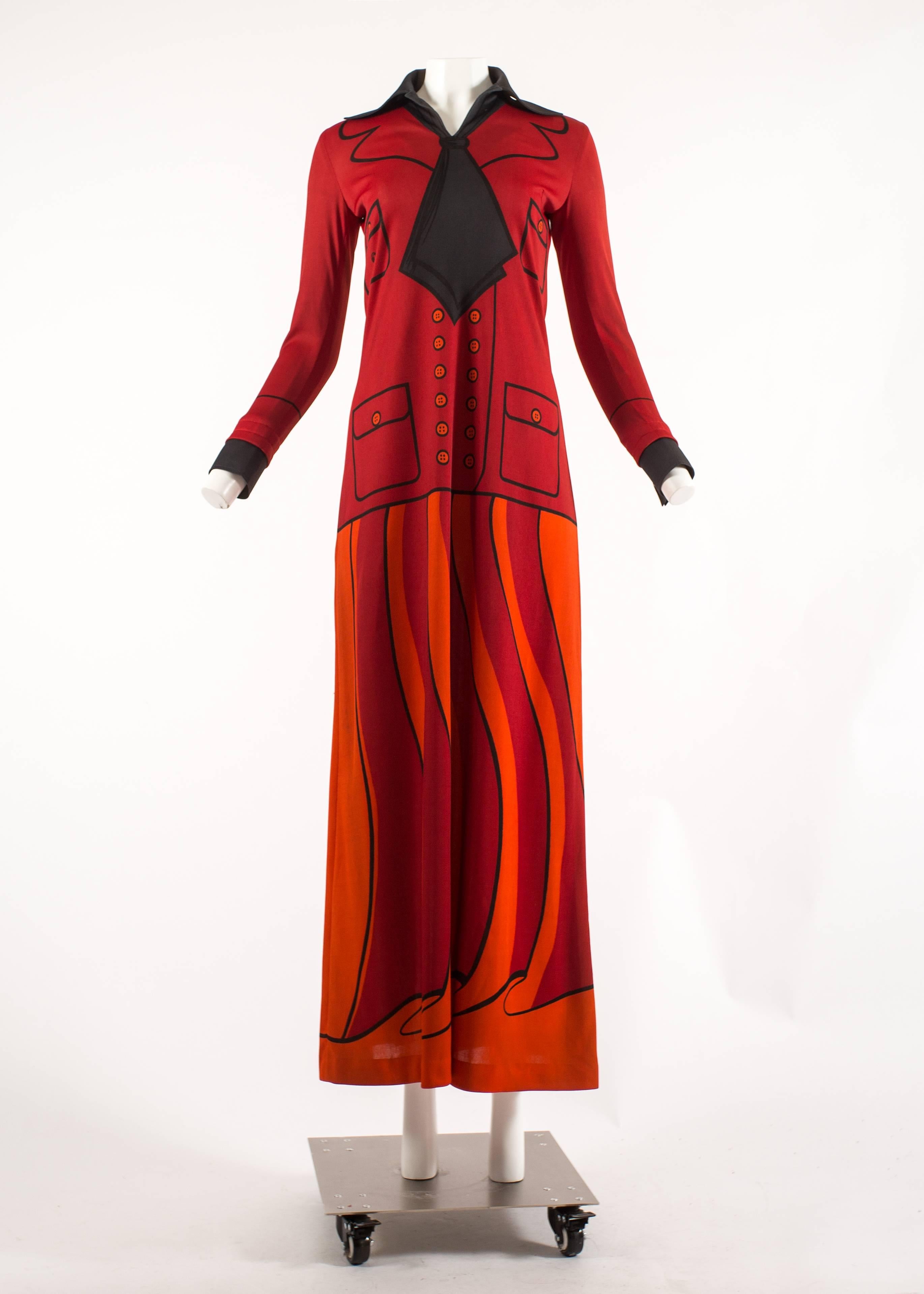 Roberta di Camerino 1973 jersey faux suit print maxi dress

- Maxi dress in polyester jersey, printed with a faux red jacket with scarf and skirt in a geometric design in red, orange and black

- zip fastening 
