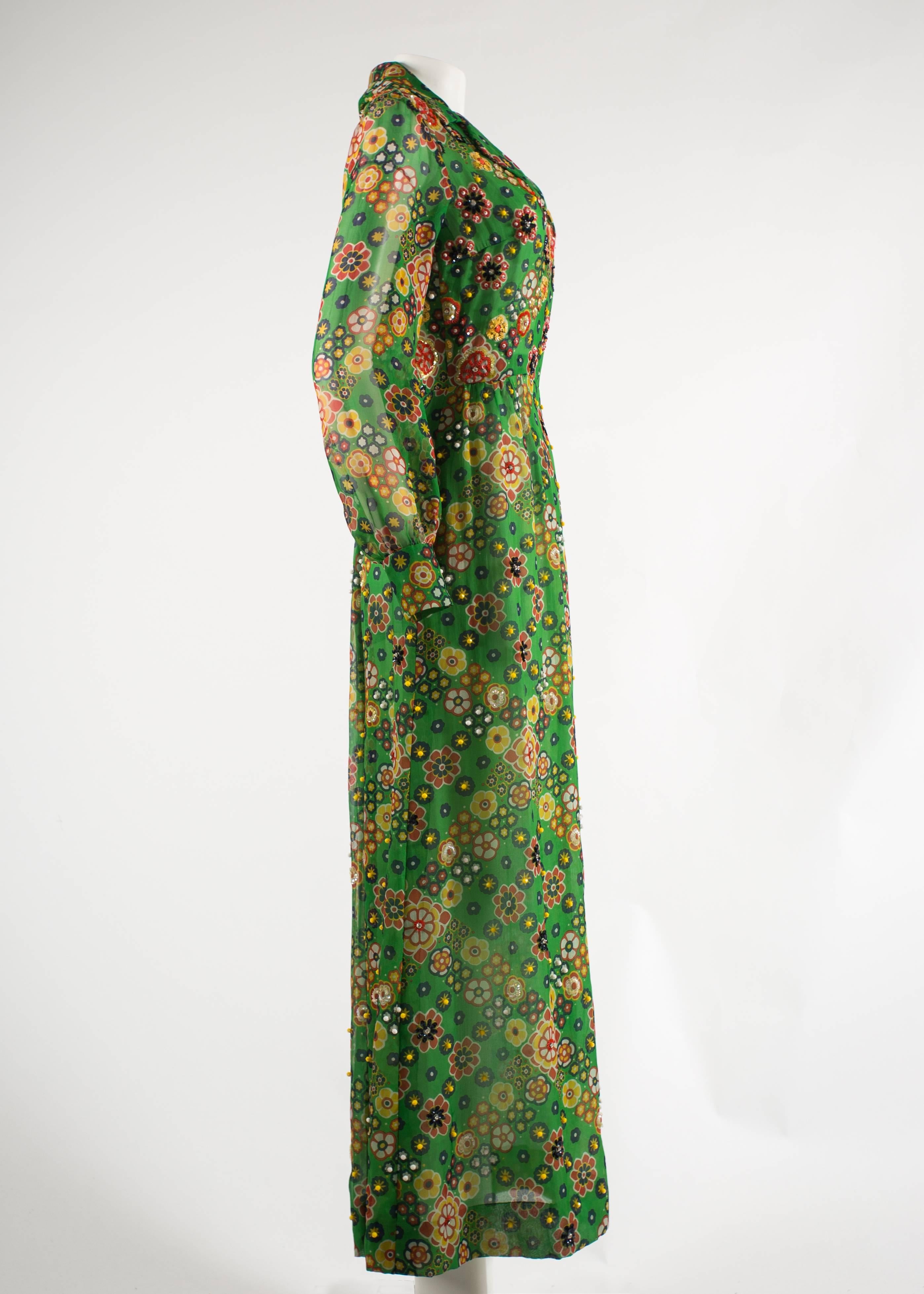 Hardy Amies 1968 silk chiffon embellished maxi dress 1