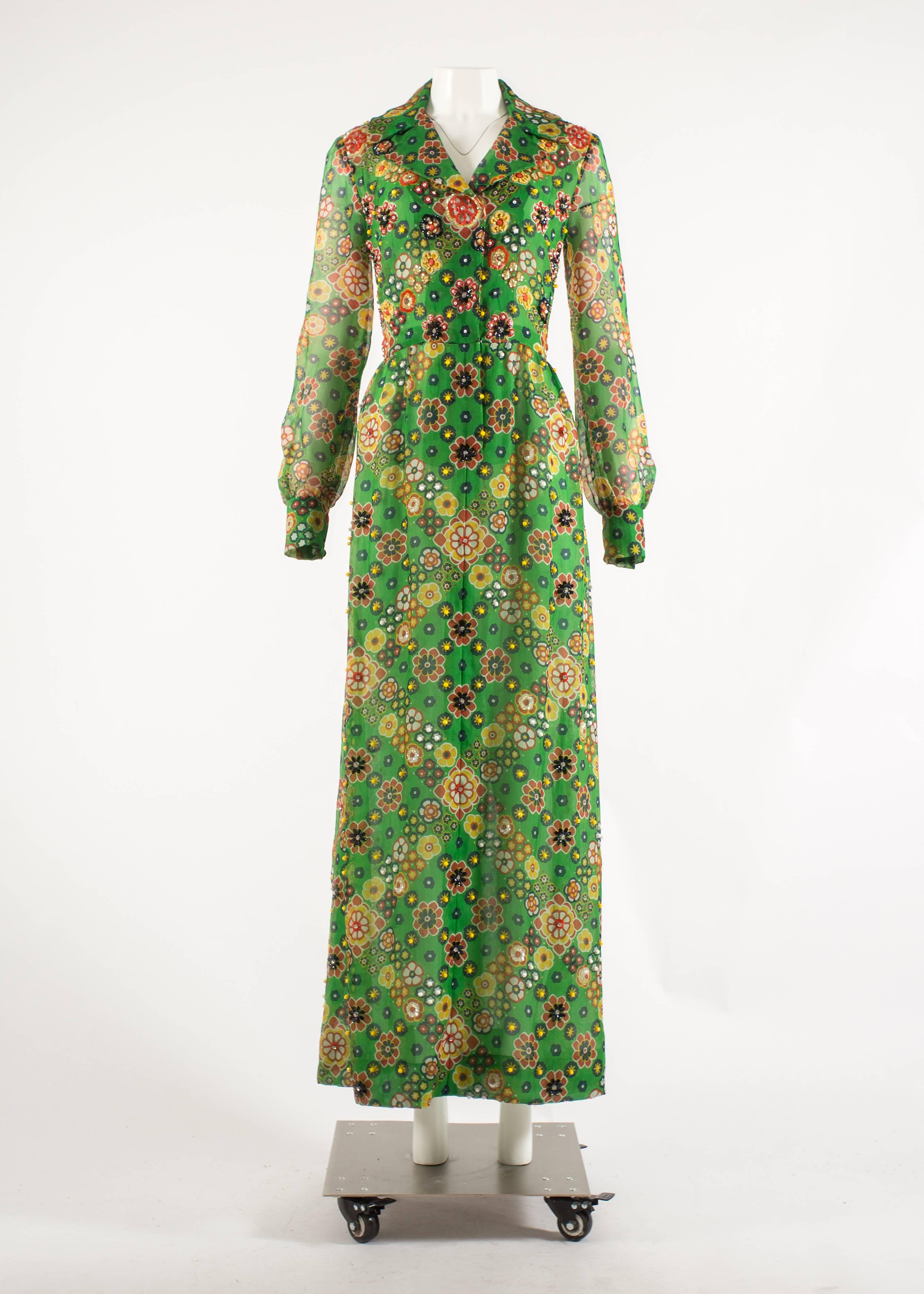 Hardy Amies 1968 silk chiffon embellished maxi dress

