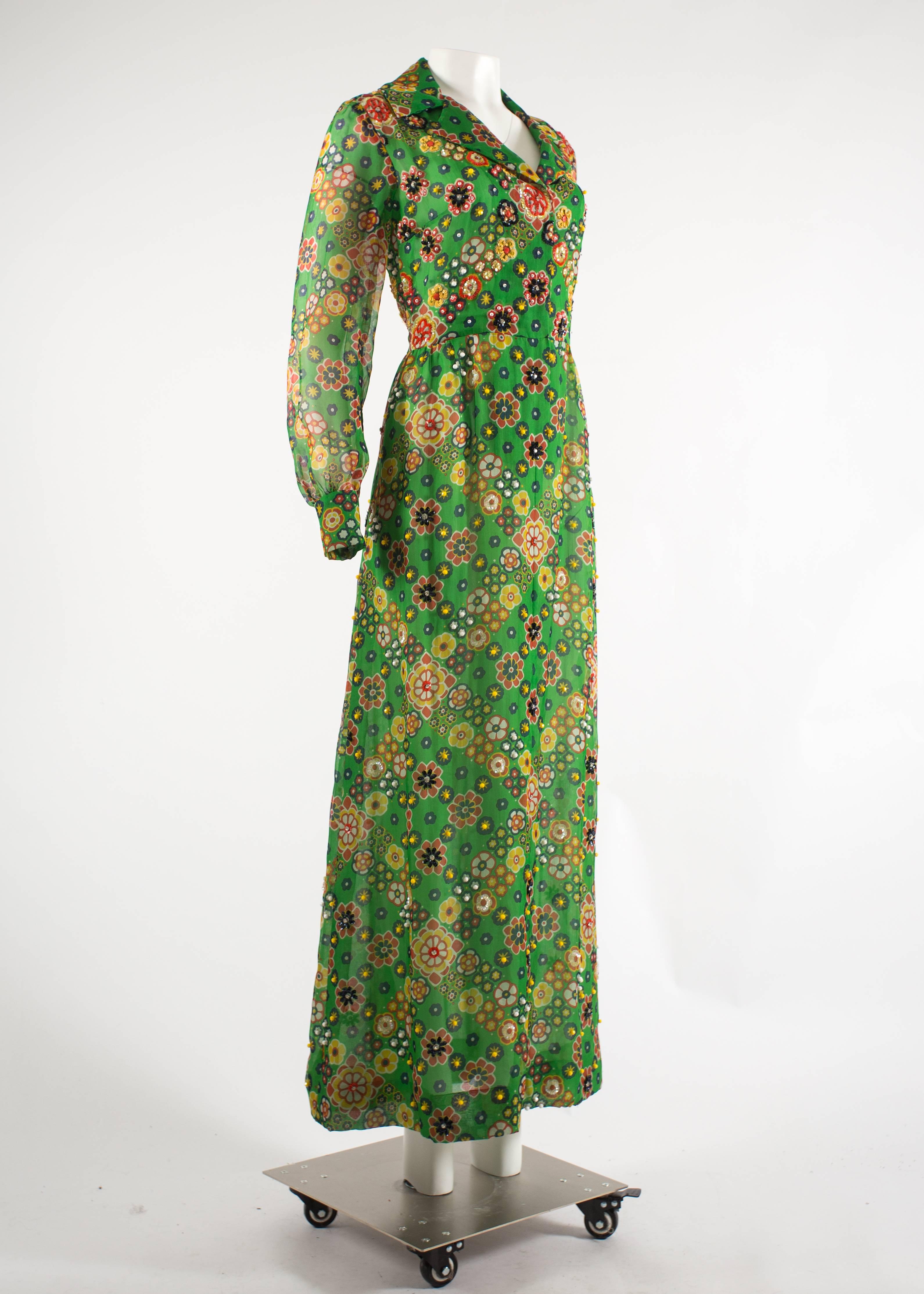 Hardy Amies 1968 silk chiffon embellished maxi dress In Excellent Condition In London, GB