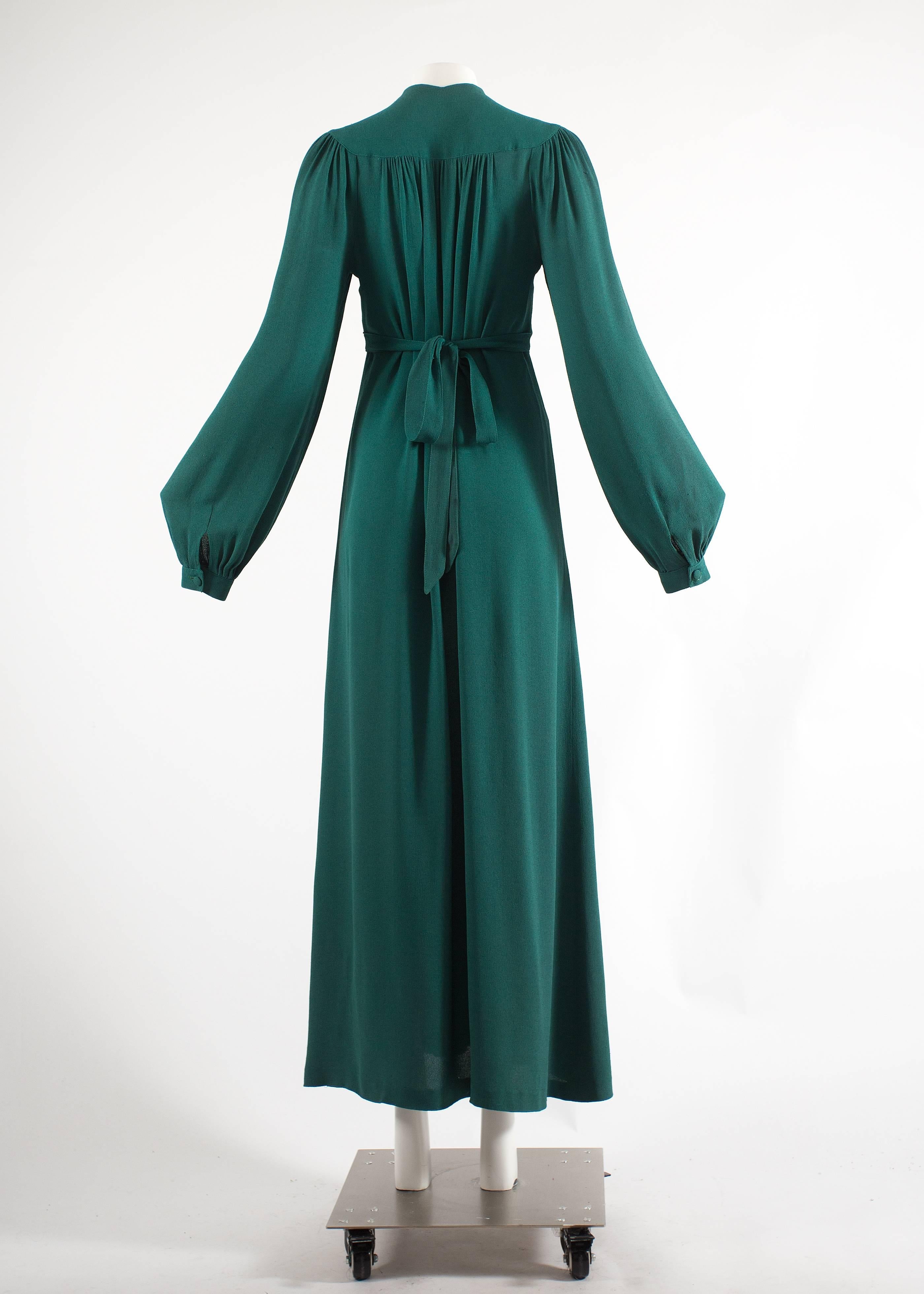 Ossie Clark 1970 green moss crepe maxi dress at 1stDibs