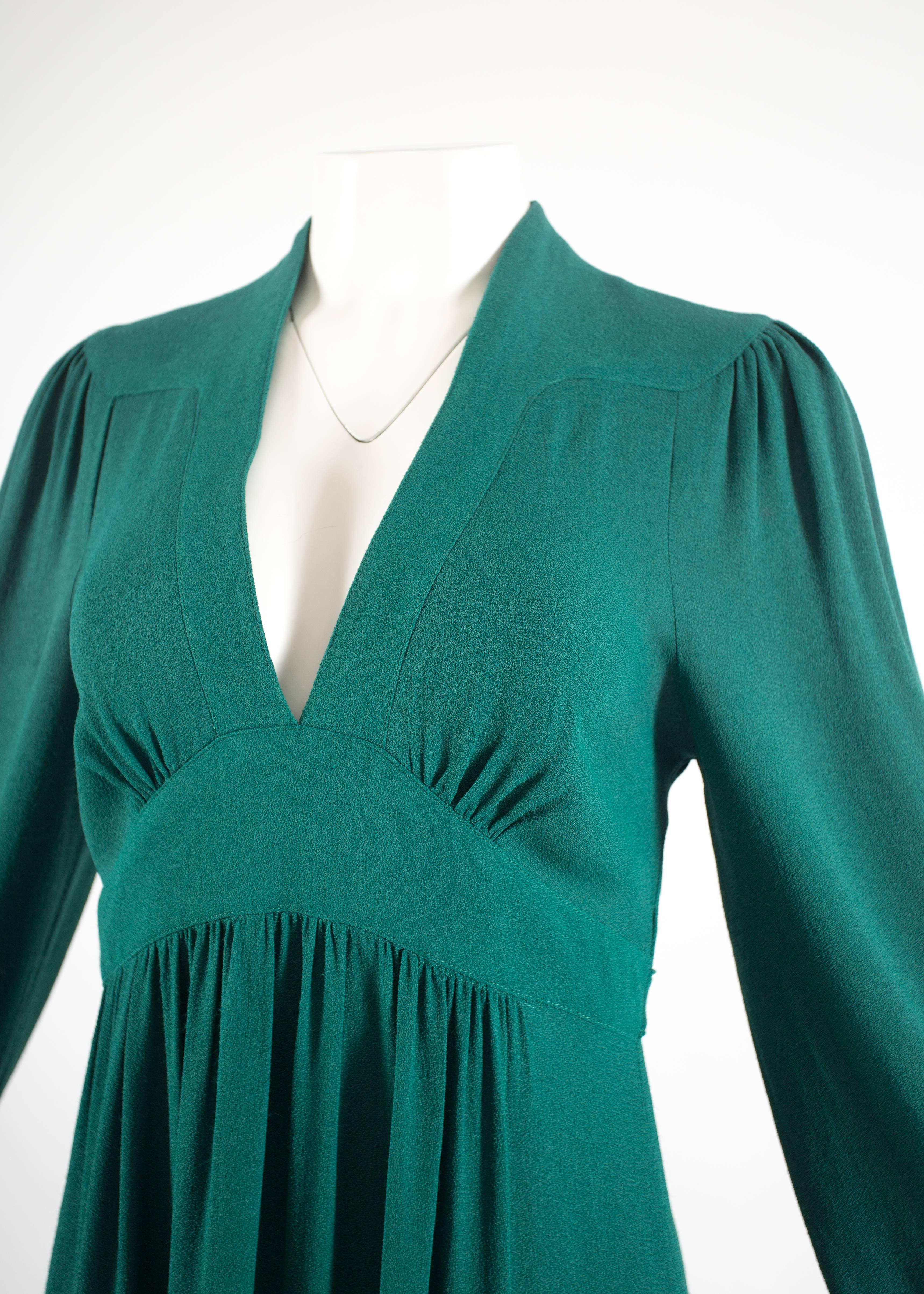 Ossie Clark 1970 green moss crepe maxi dress In Good Condition In London, GB