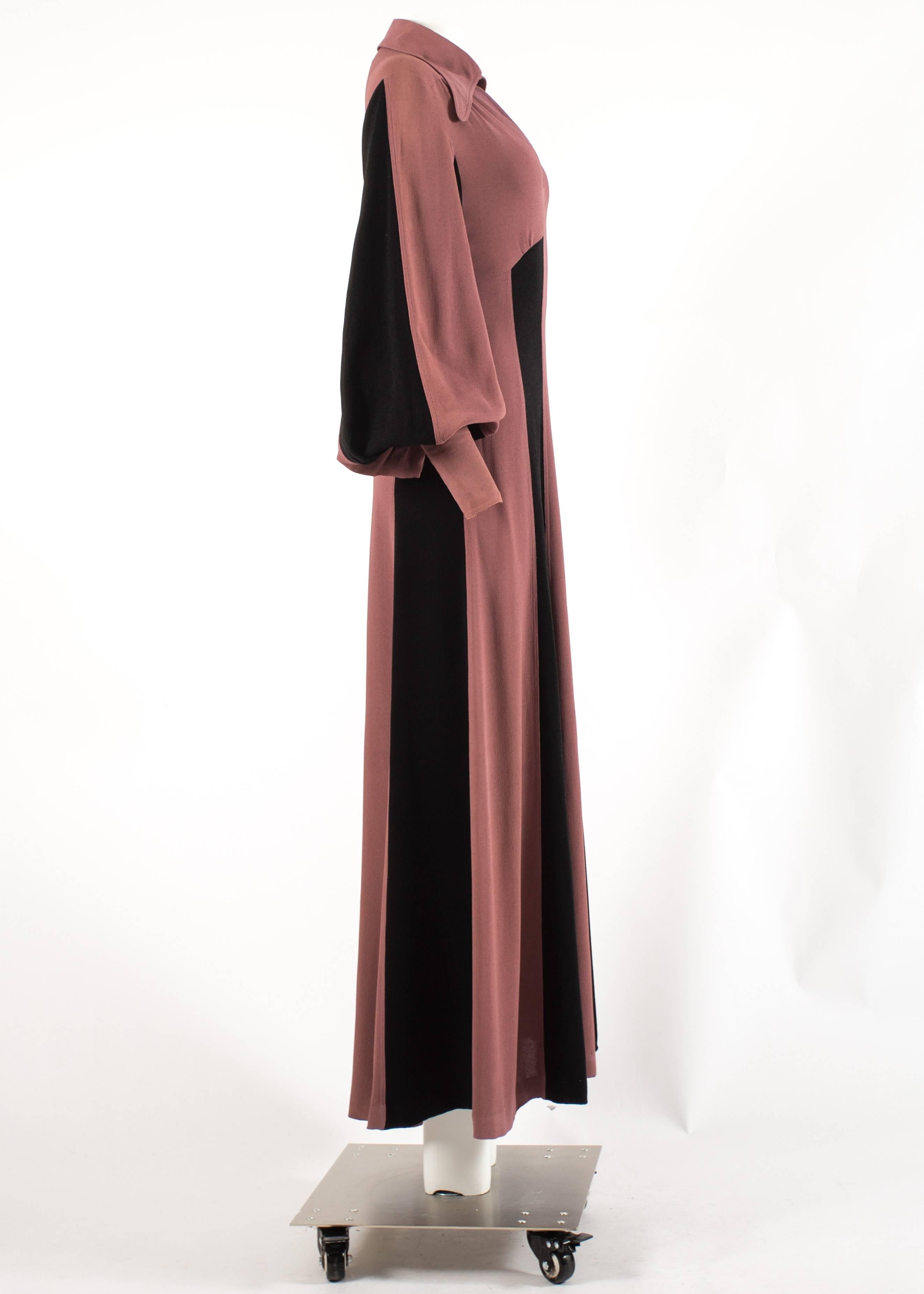Alice Pollock 1970 moss crepe striped mauve and black evening dress In Good Condition In London, GB