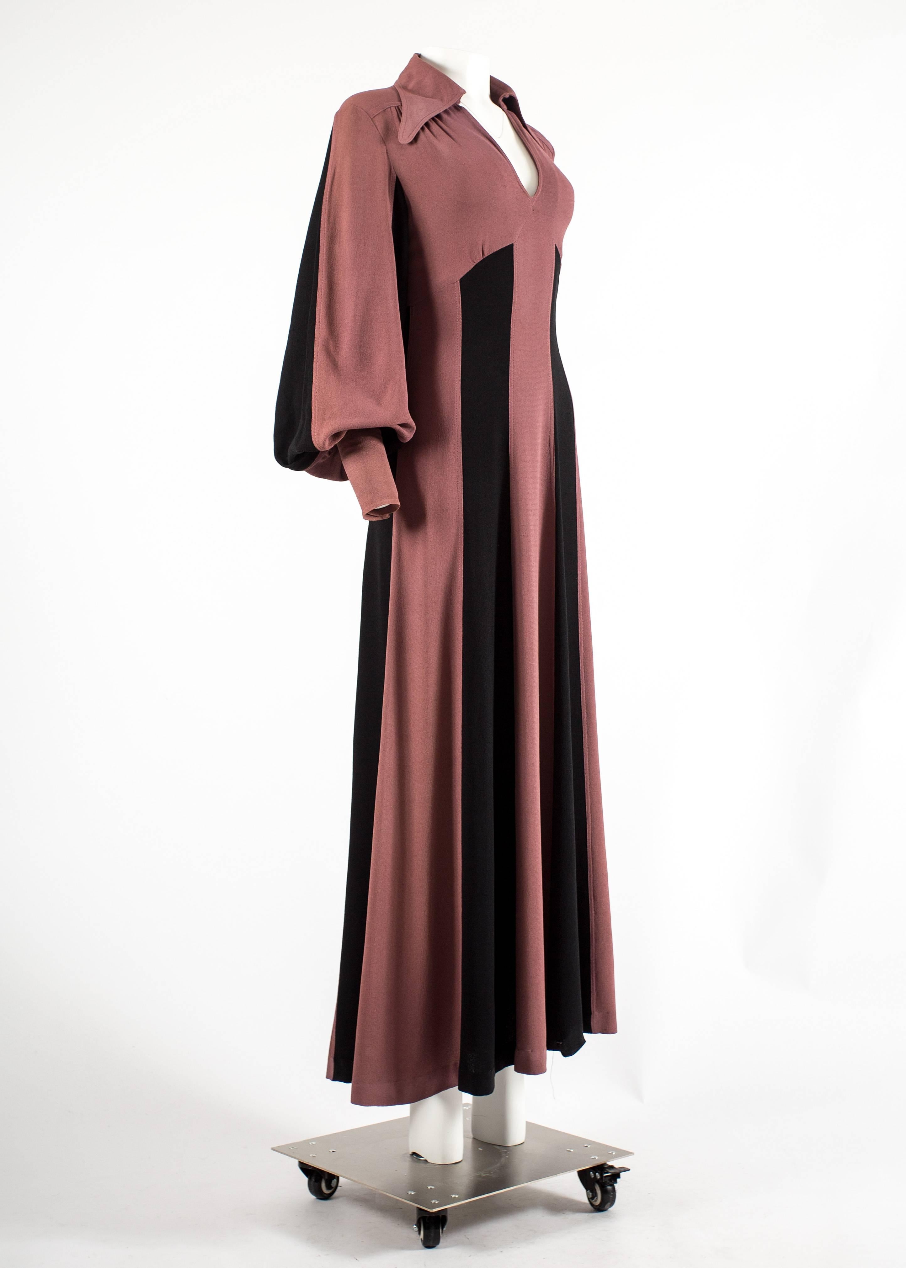 Alice Pollock 1970 moss crepe striped mauve and black evening dress

- billowing poet sleeves
- pointed collar
- zip fastening 
