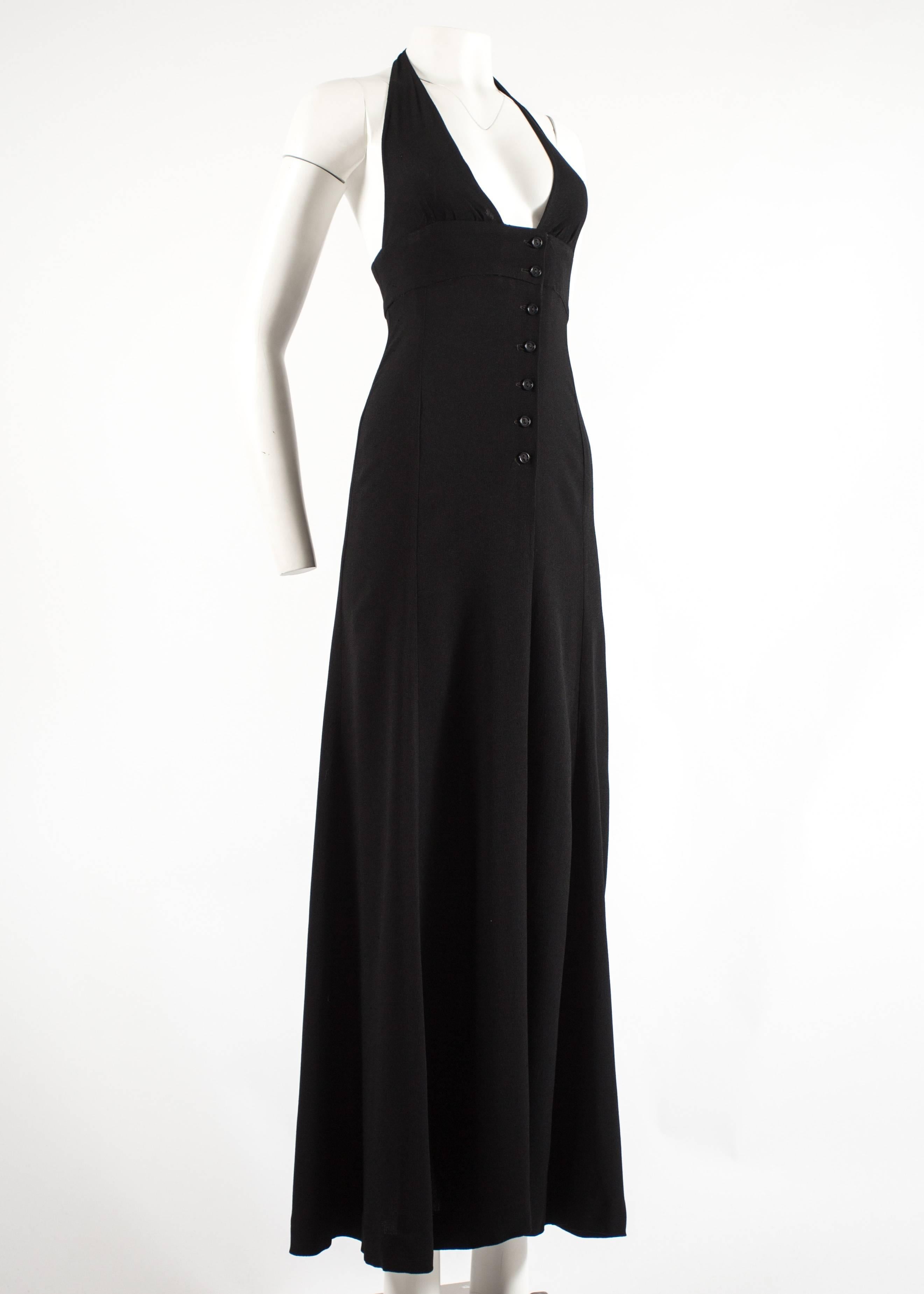 Ossie Clark 1970 black moss crepe halter neck evening dress In Good Condition In London, GB
