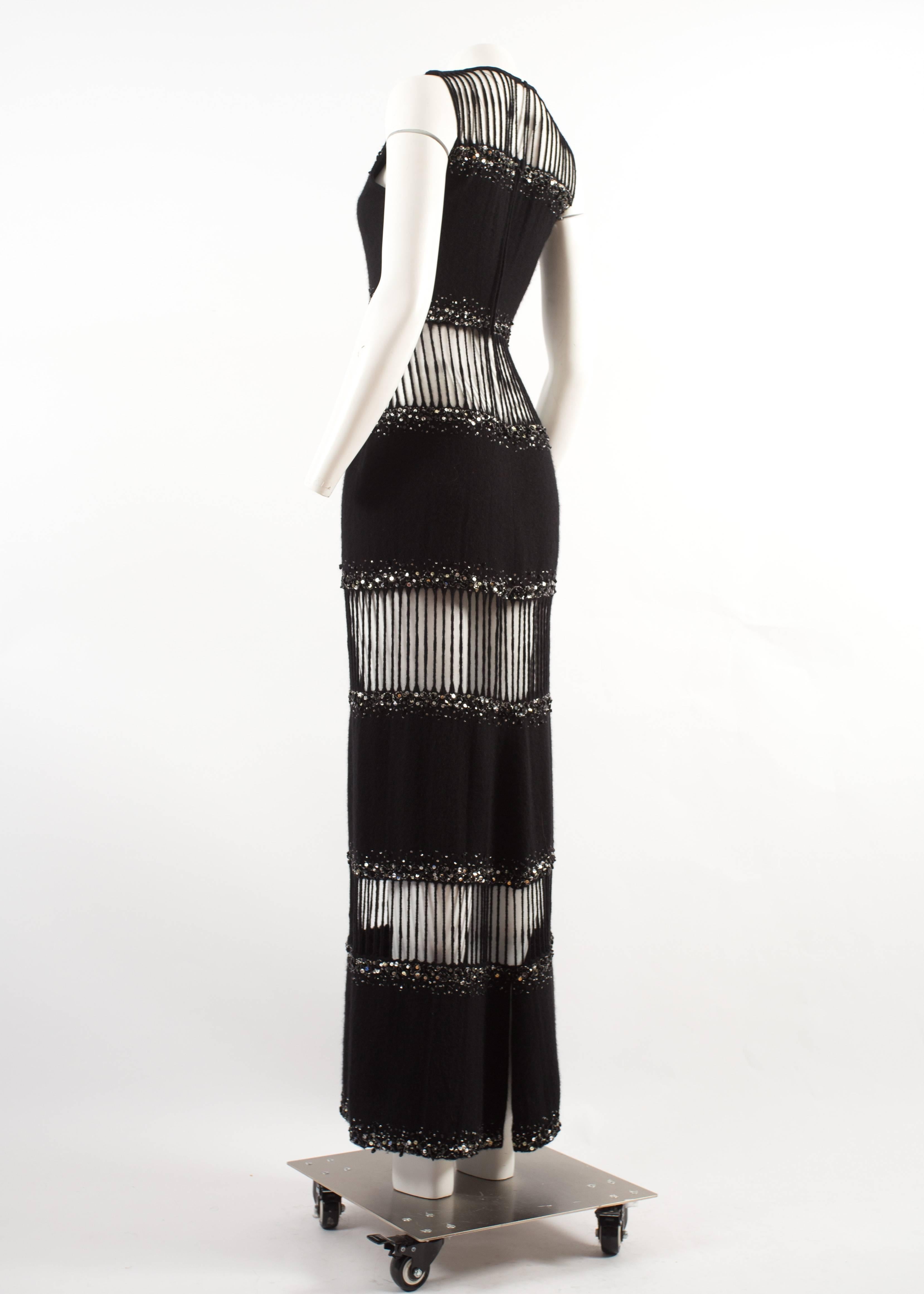 Women's Hardy Amies 1960s couture embellished column evening dress with cutouts