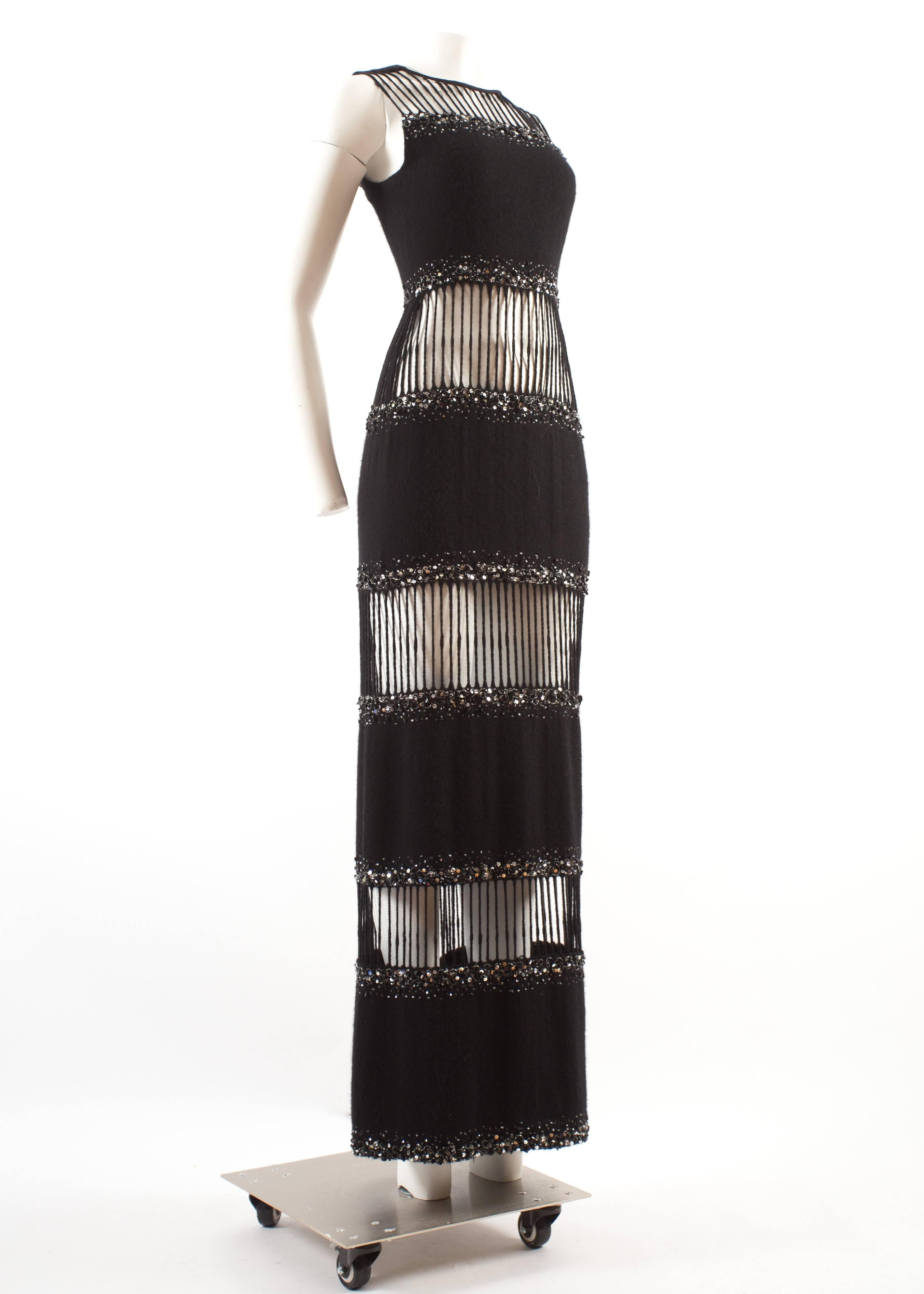 Black Hardy Amies 1960s couture embellished column evening dress with cutouts