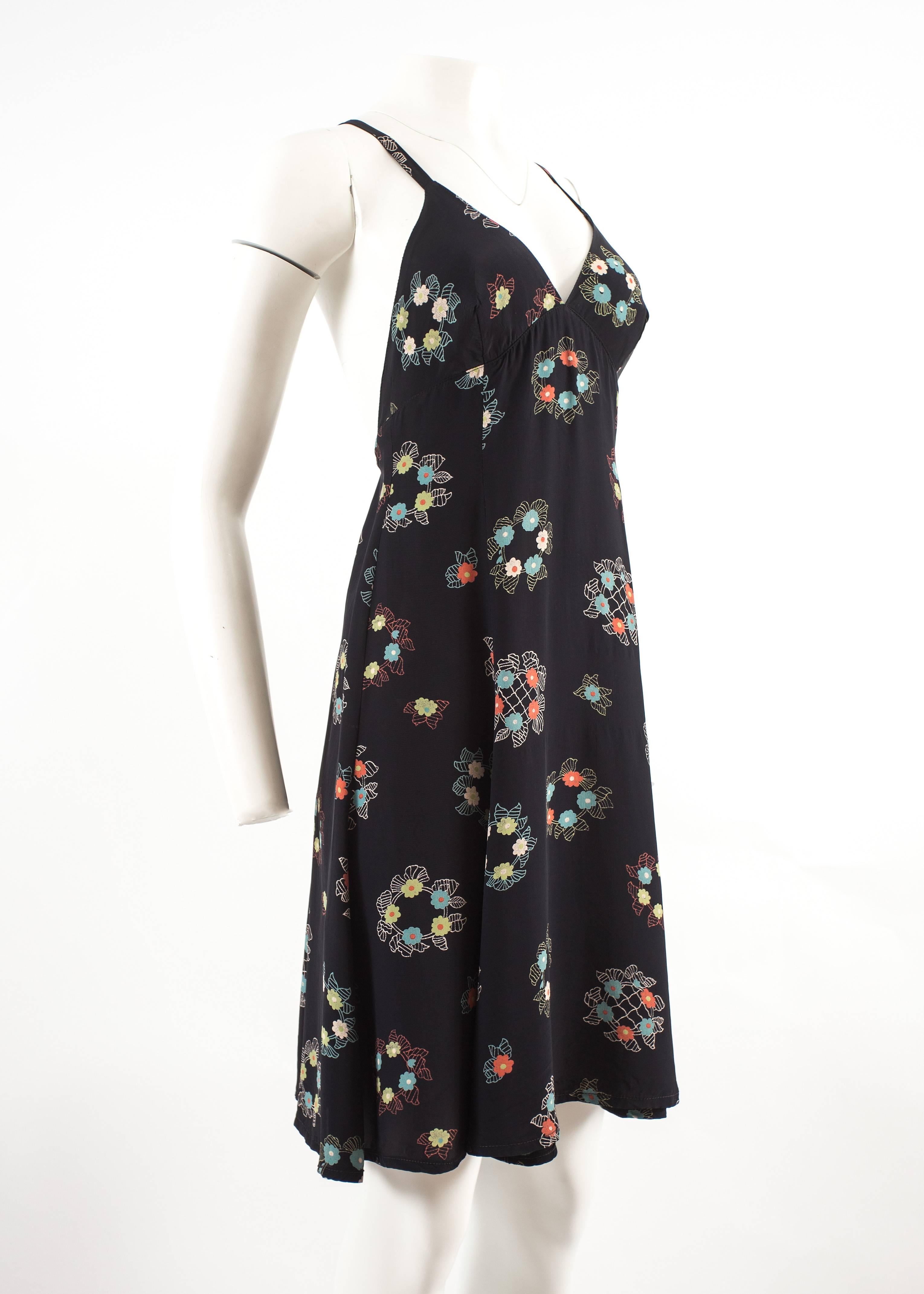 Black Ossie Clark 1970 mid length summer dress with Celia Birtwell print