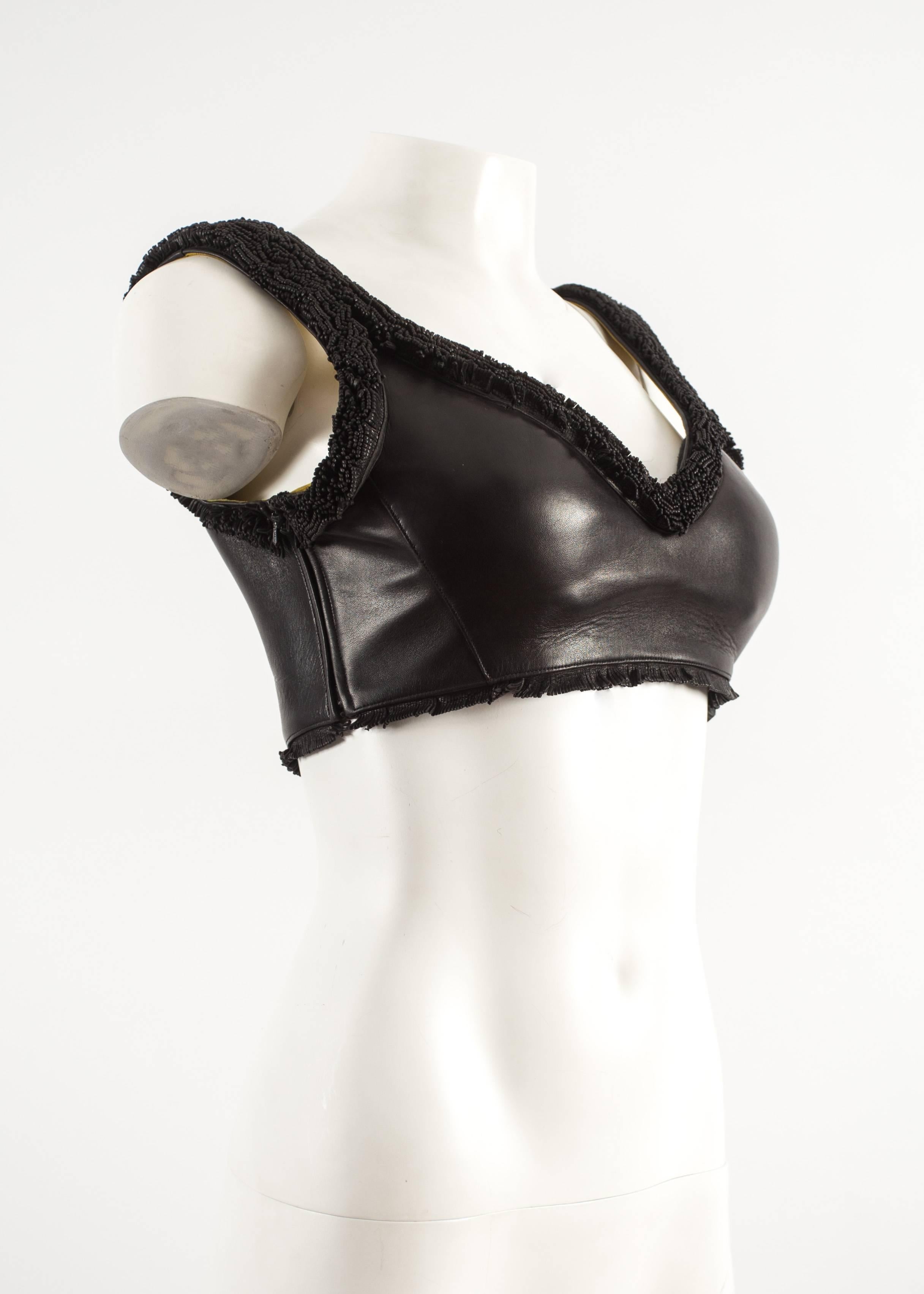 Alaia 1994 black leather bra with fringing In Excellent Condition For Sale In London, GB