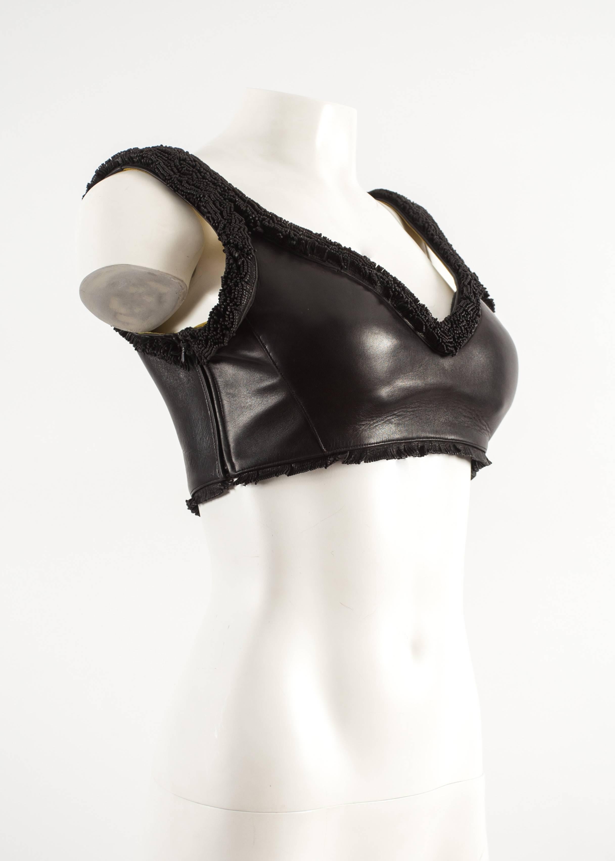 Alaia 1994 black leather bra with fringing  In Excellent Condition For Sale In London, GB