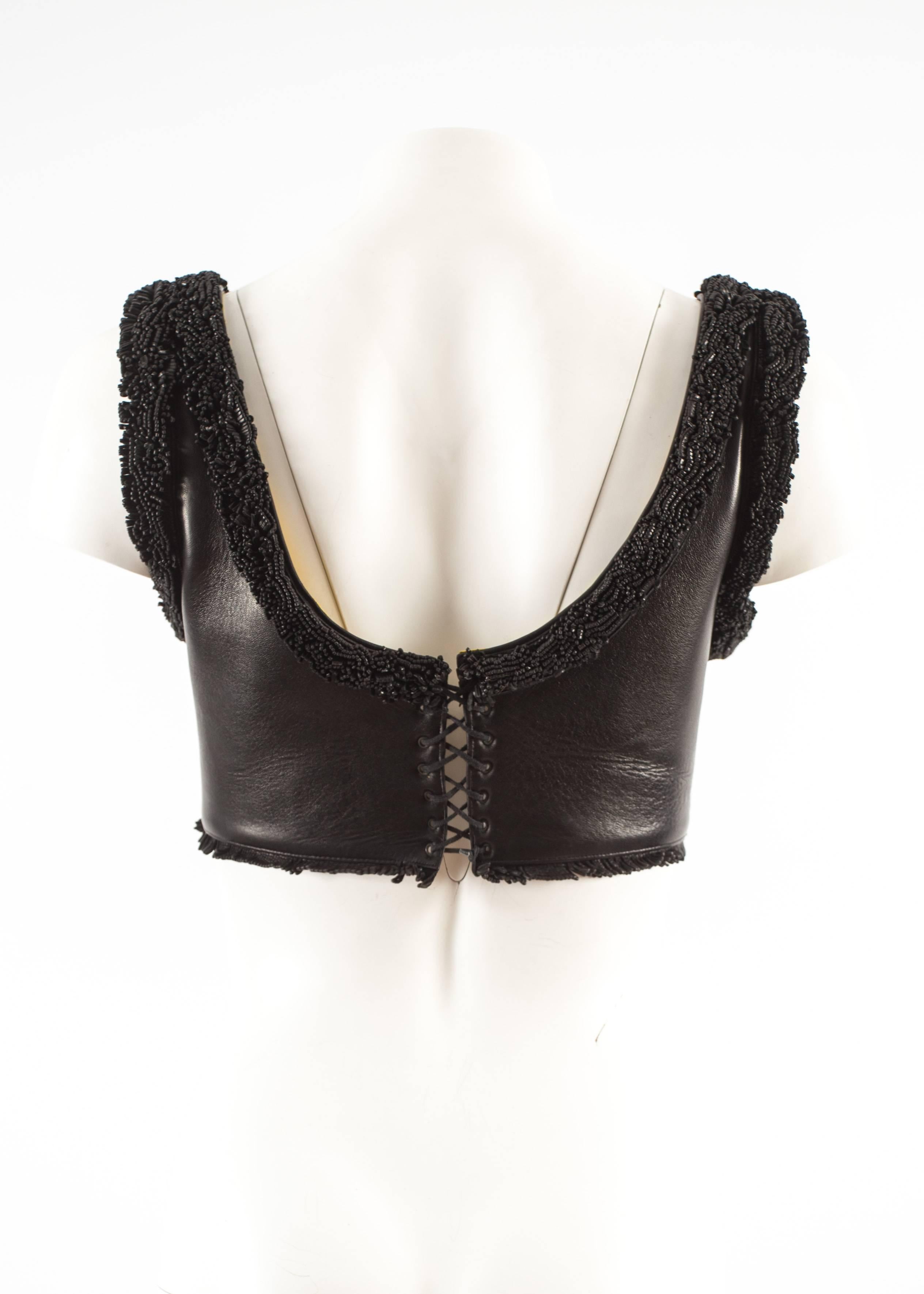 Alaia 1994 black leather bra with fringing  For Sale 1