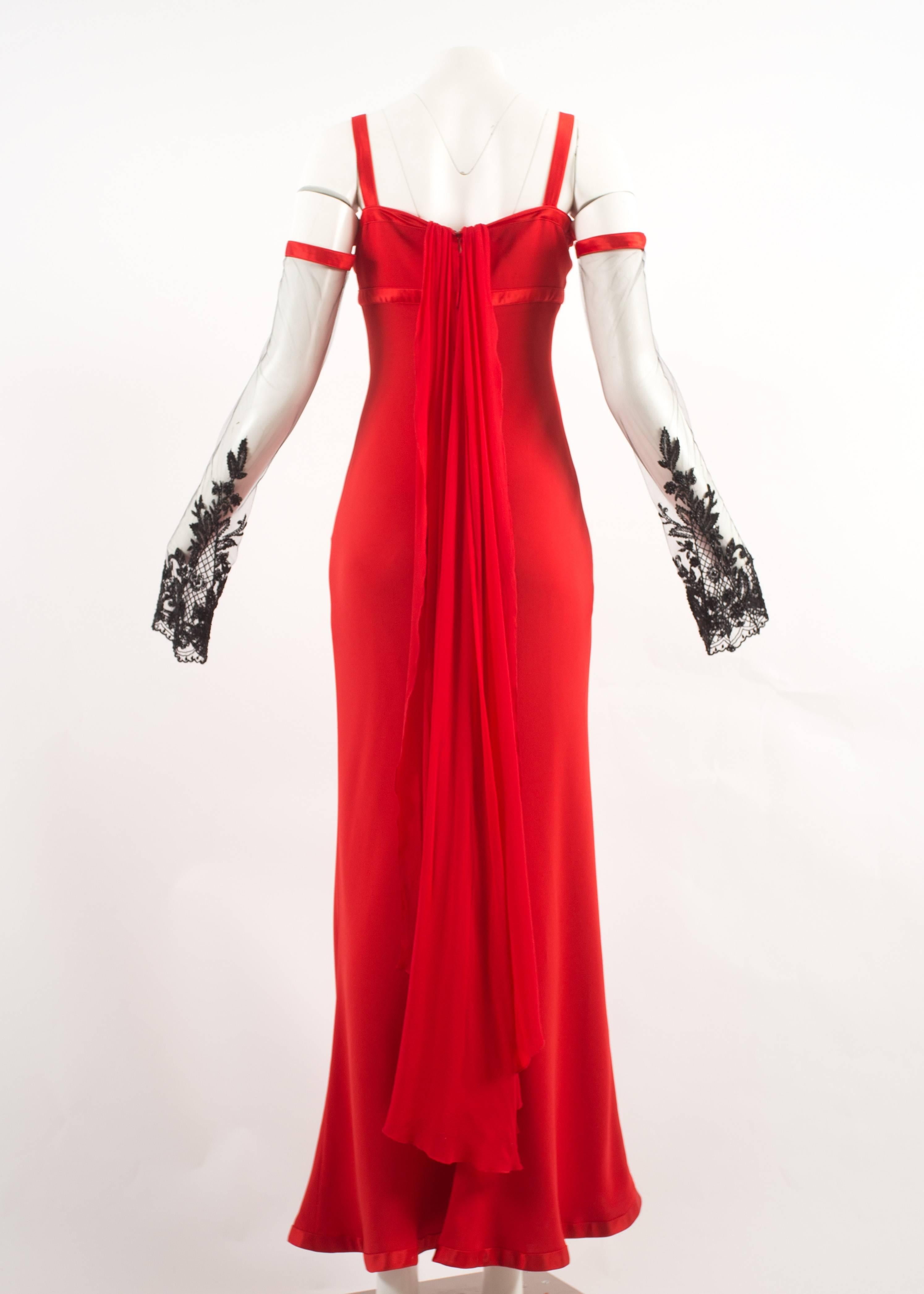 Valentino Autumn-Winter 2005 red evening dress with embellished sleeves 2