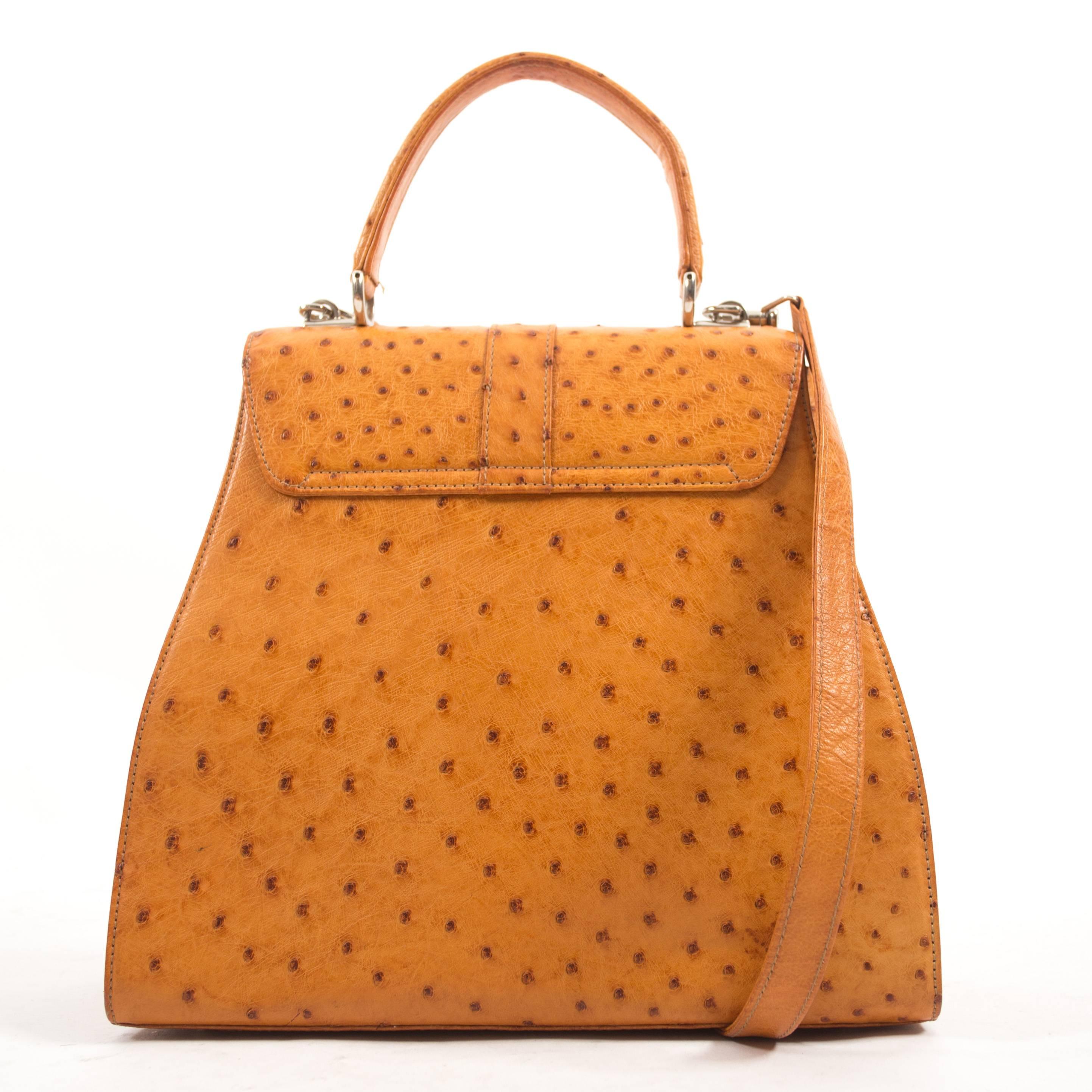 Orange Gucci 1970s tan ostrich leather hand bag with shoulder strap