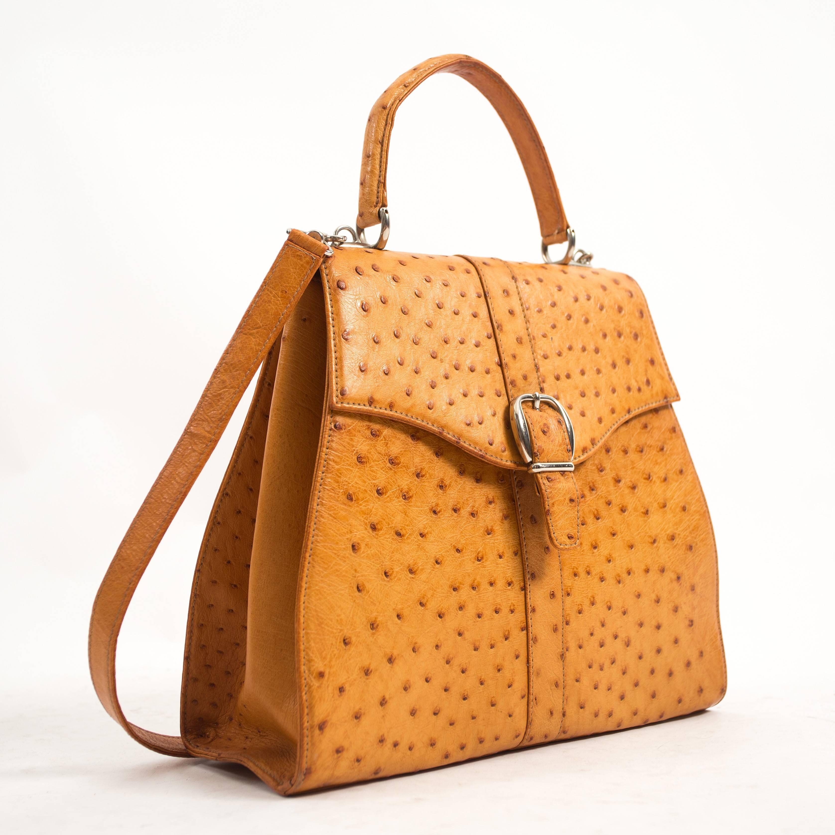Gucci 1970s tan ostrich leather hand bag with shoulder strap, suede interior and matching mirror with leather case 
