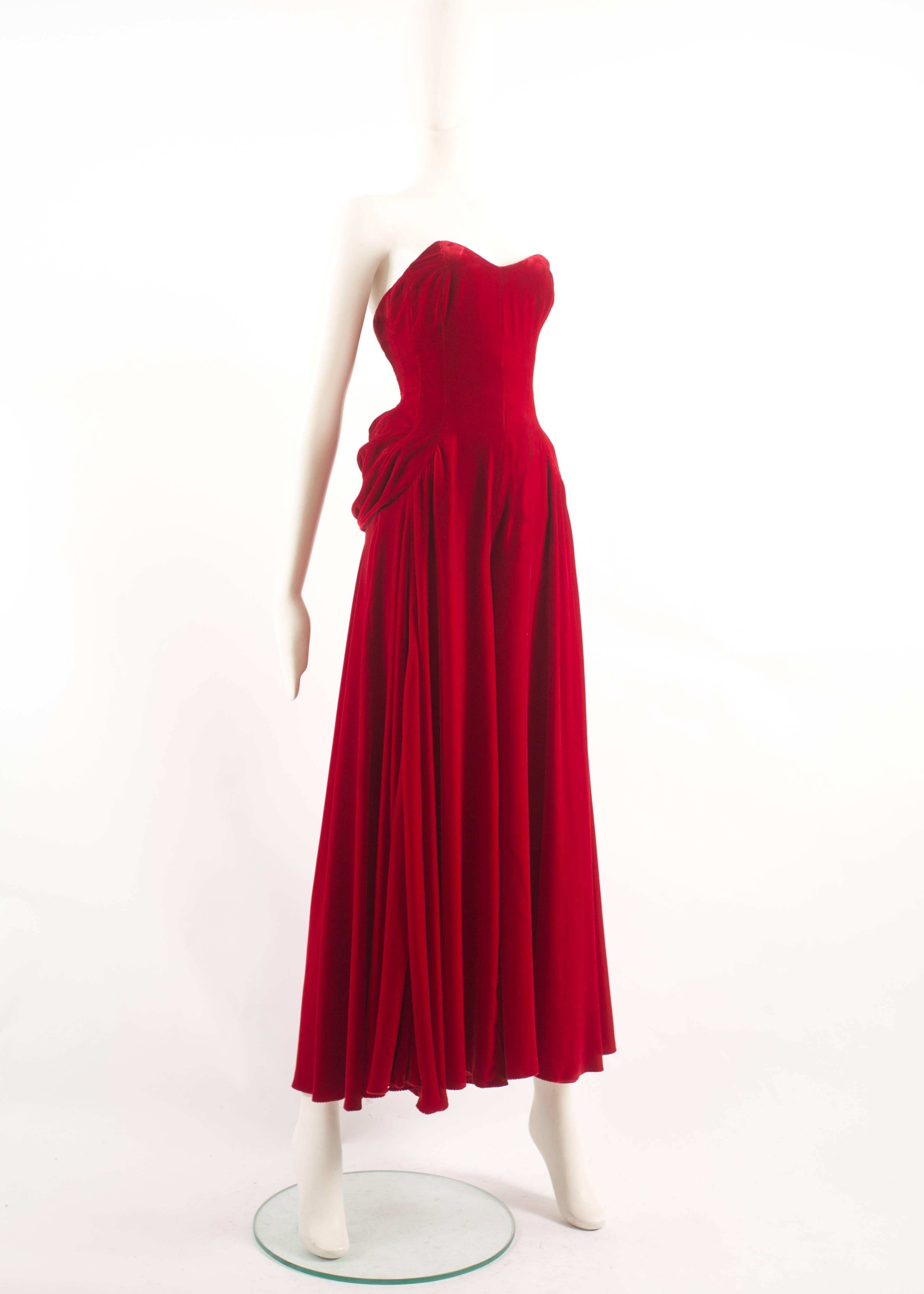 Red Jean Doucet Autumn-Winter 1996 couture red velvet palazzo strapless jumpsuit