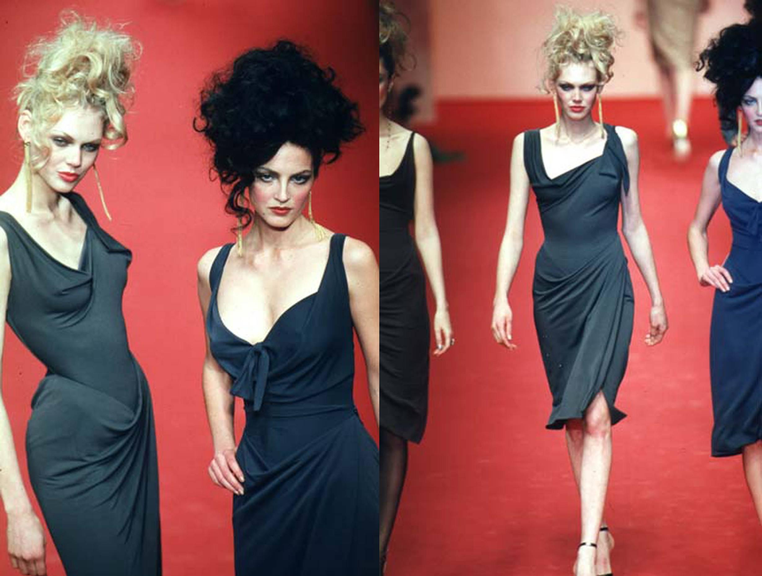 Vivienne Westwood Spring-Summer 1997 mid length draped evening dress with leg slit and internal body