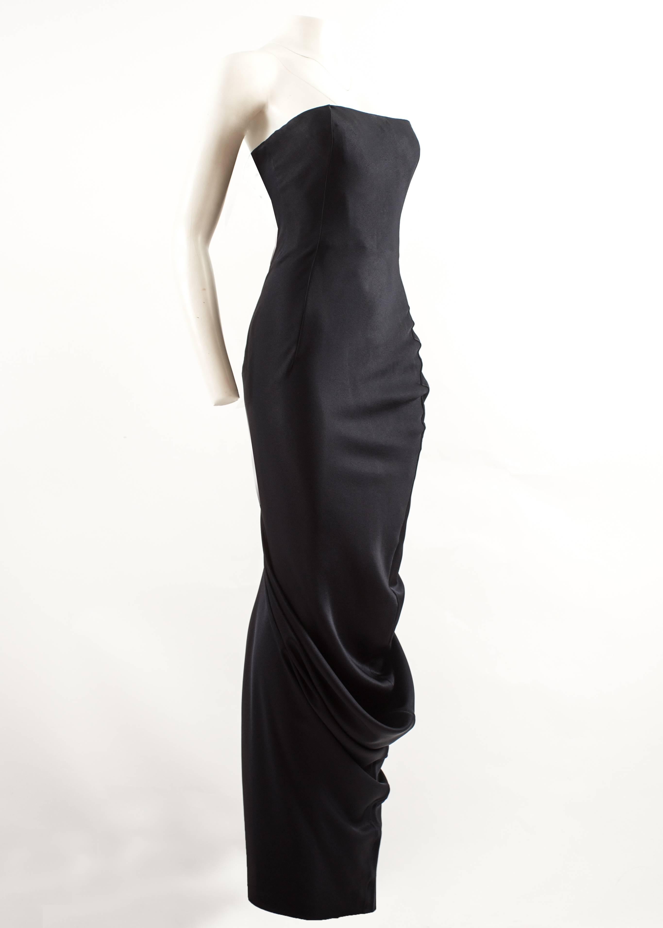 John Galliano Autumn-Winter 1995 midnight blue silk strapless evening dress with internal padded bra and bustier