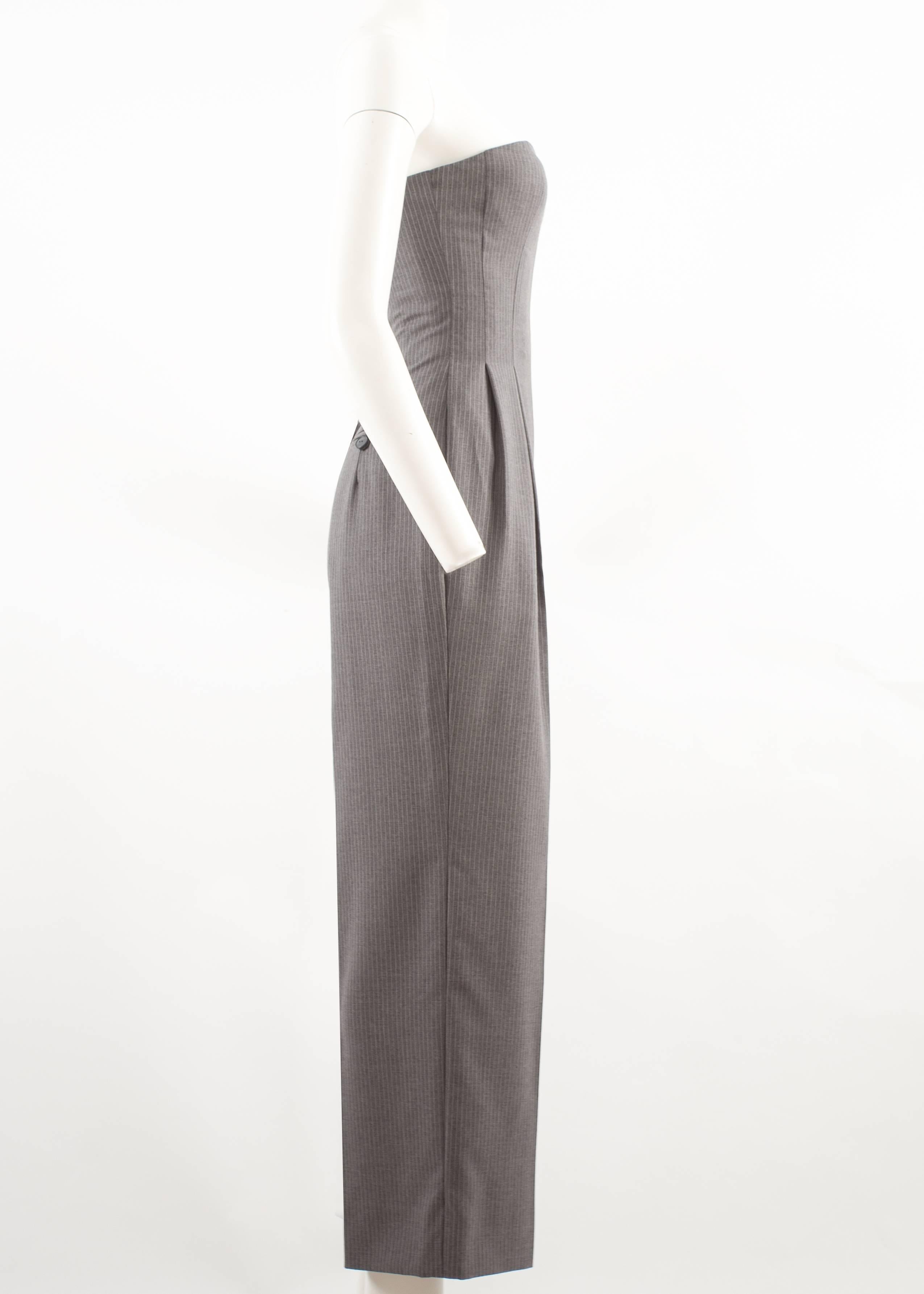 Gray John Galliano for Givenchy Autumn-Winter 1996 grey pinstripe strapless jumpsuit For Sale