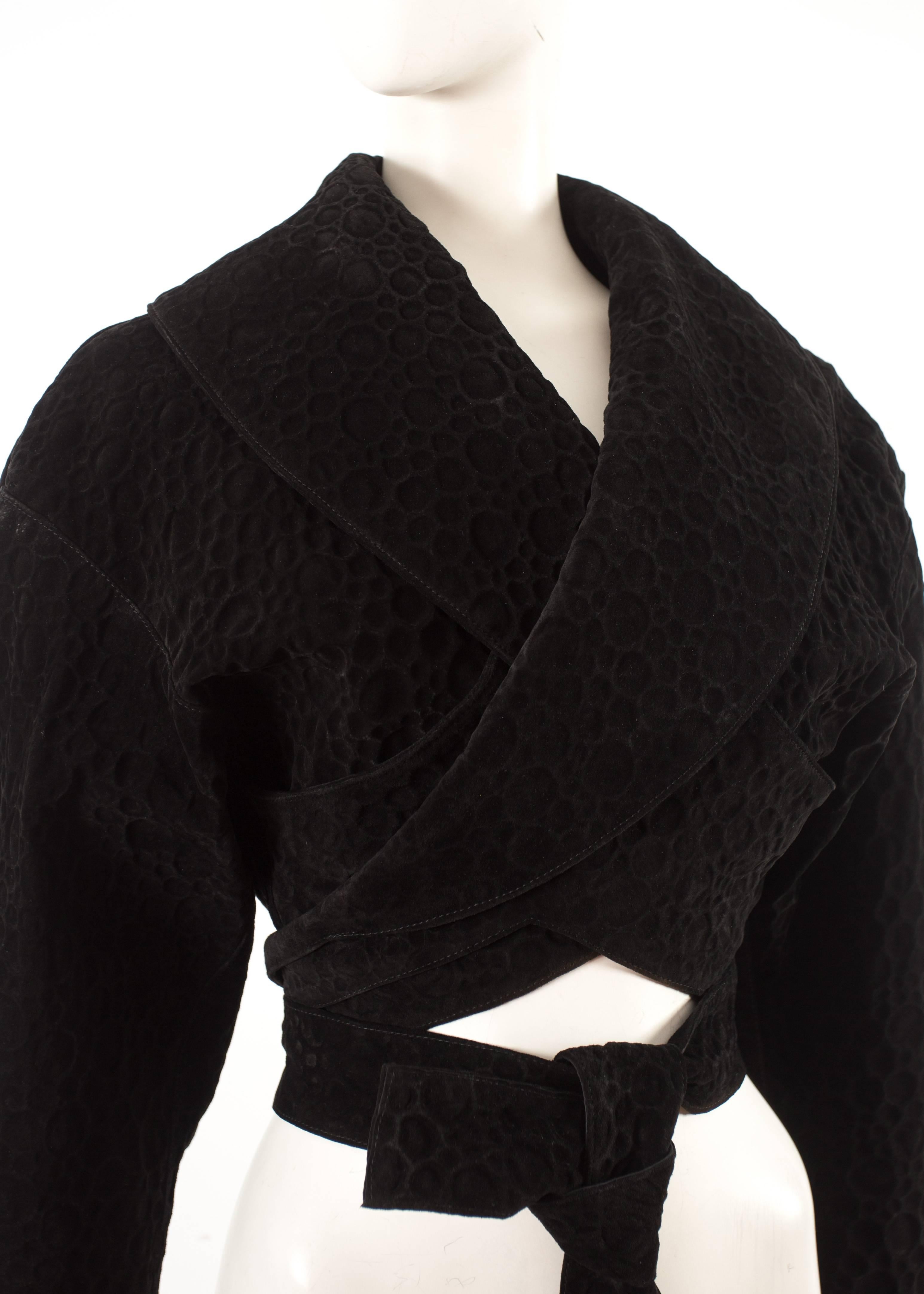 Alaia Autumn-Winter 1987 black suede cropped wrap jacket with silk lining and extra long straps

