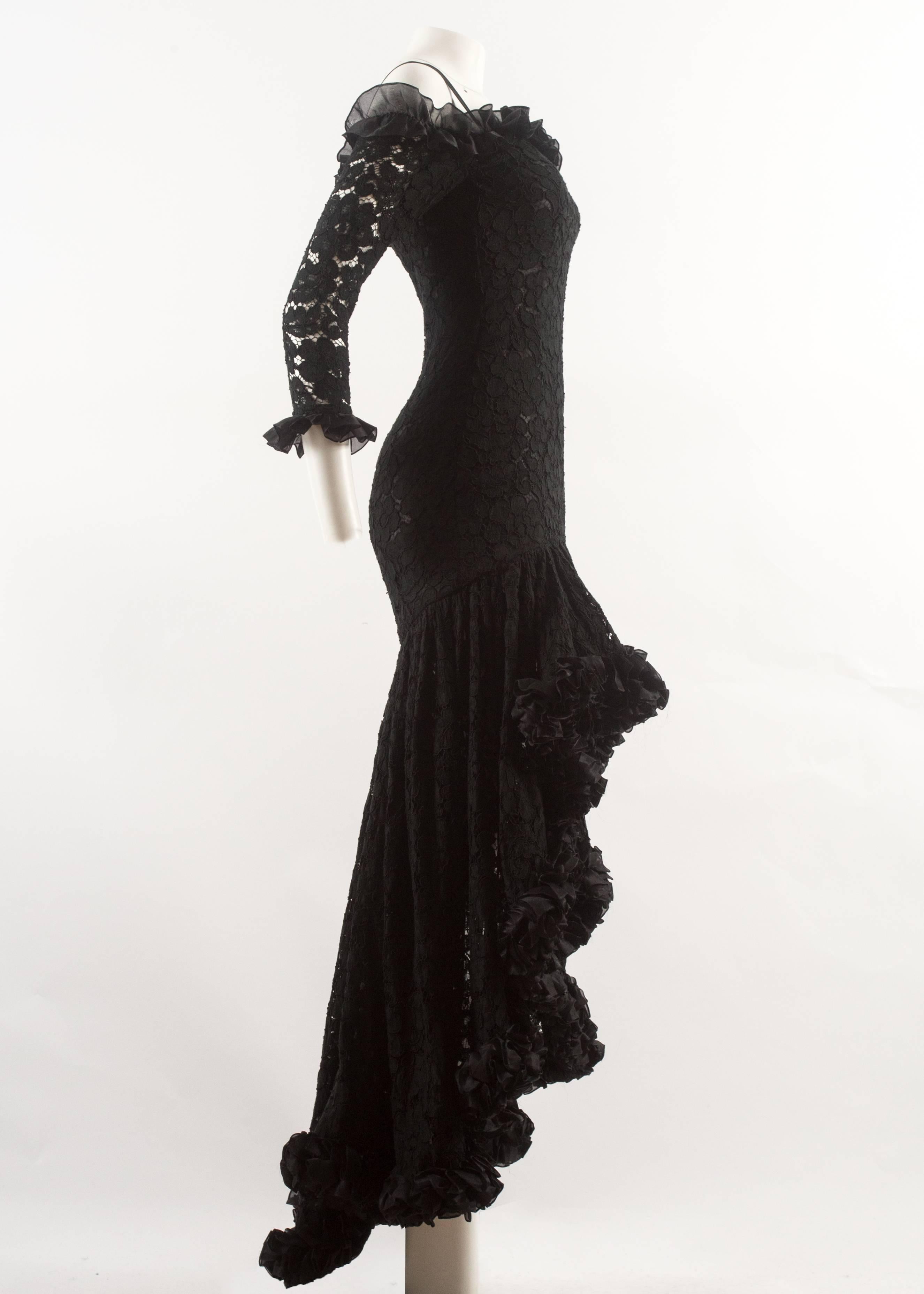 Black Yves Saint Laurent Autumn-Winter 1987 black lace flamenco evening dress For Sale
