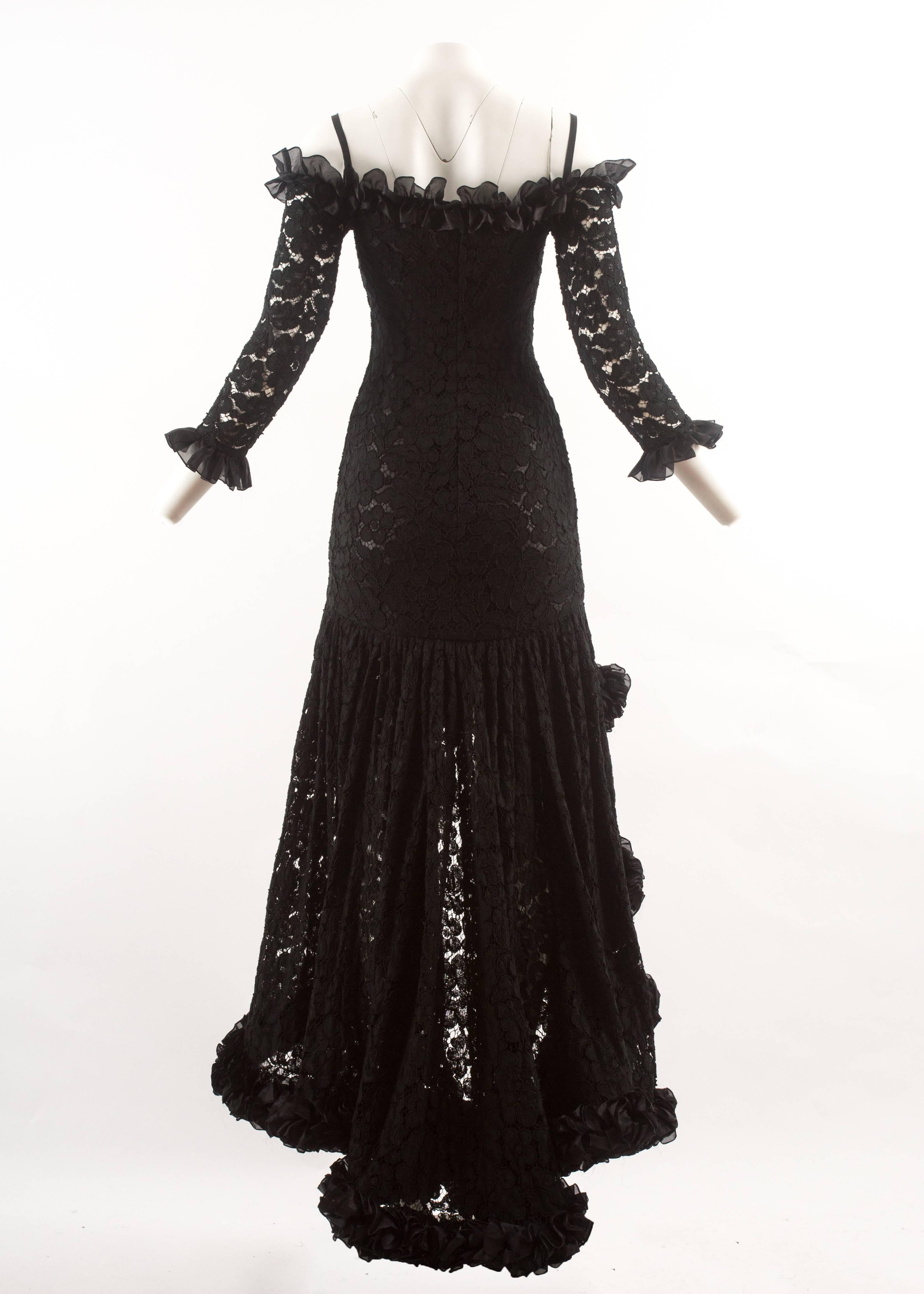 Yves Saint Laurent Autumn-Winter 1987 black lace flamenco evening dress In Excellent Condition For Sale In London, GB