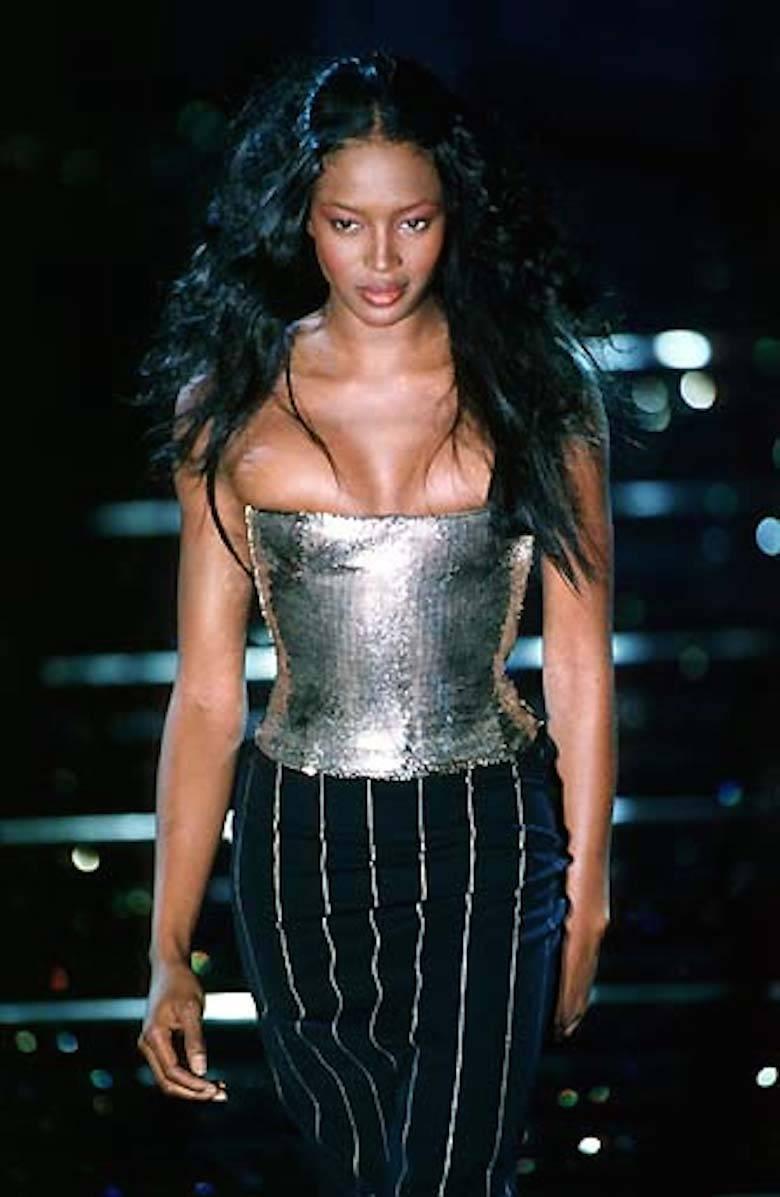 Gianni Versace Autumn-Winter 1998 silver metal mesh corset with internal boning, silk lining and zip fastening on the side seam

