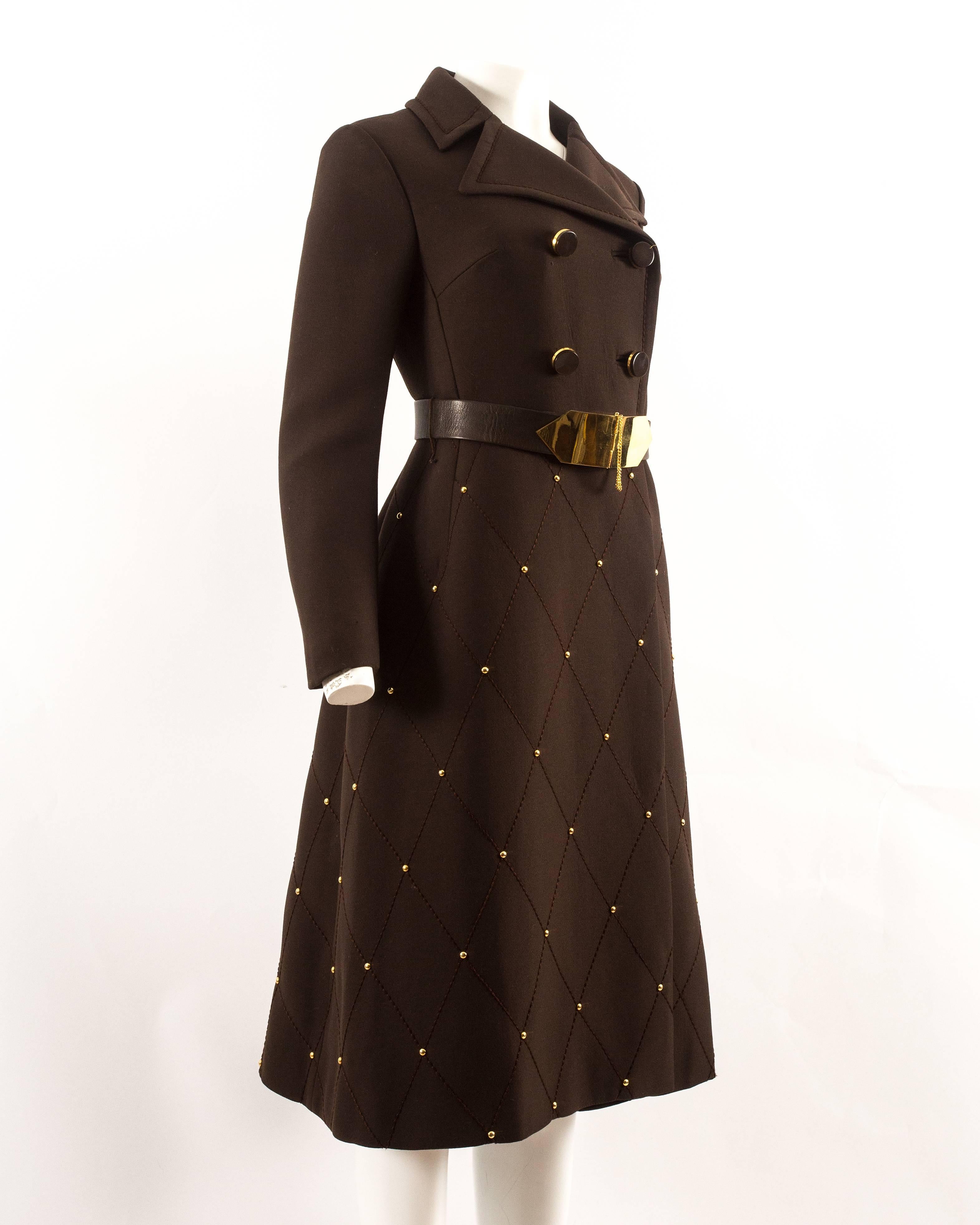 1960s brown wool coat with gold studs and belt, made to a couture standard.