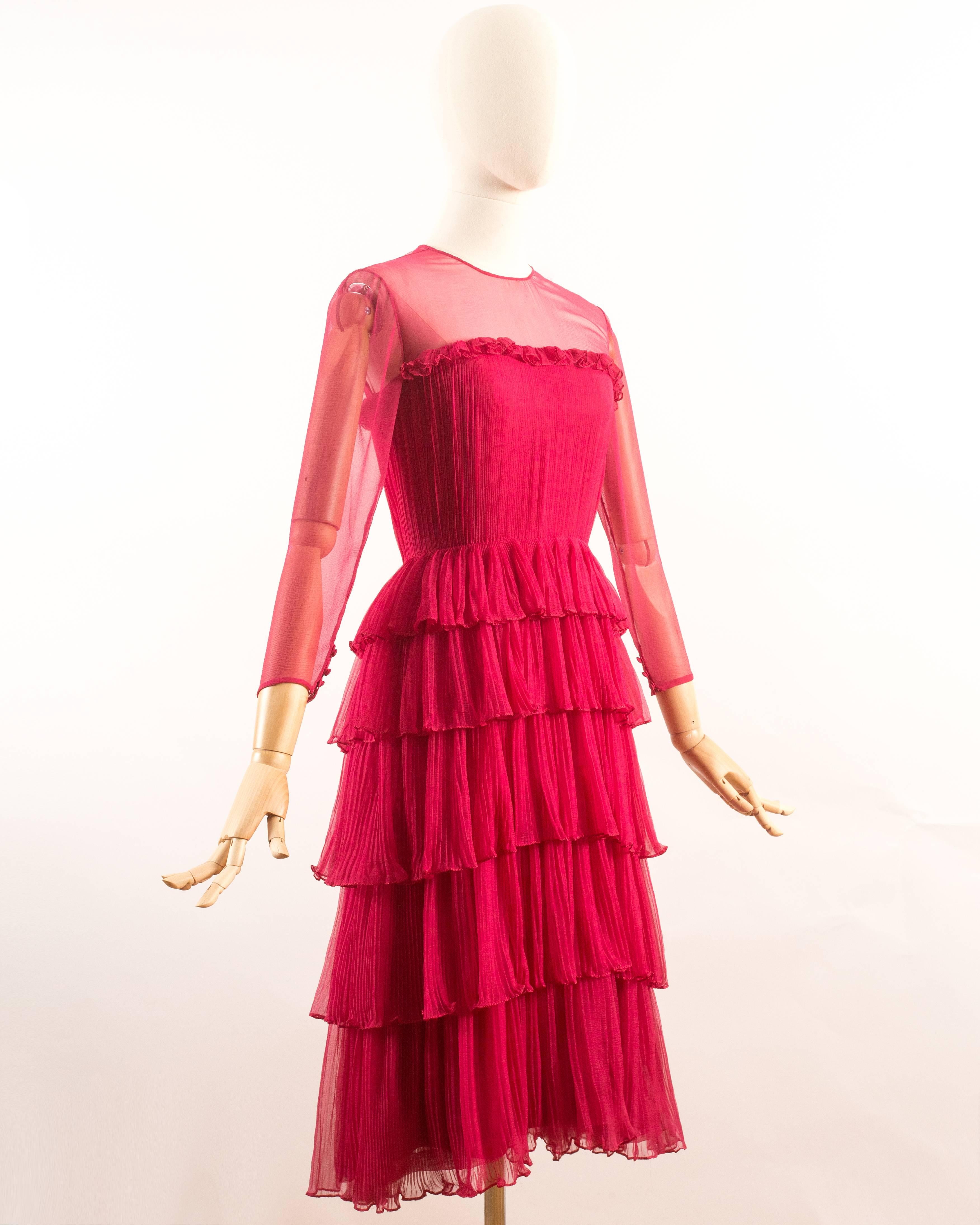 Chanel Haute Couture Spring-Summer 1973 silk fuchsia pleated evening dress with 5-layer ruffled skirt and matching shawl