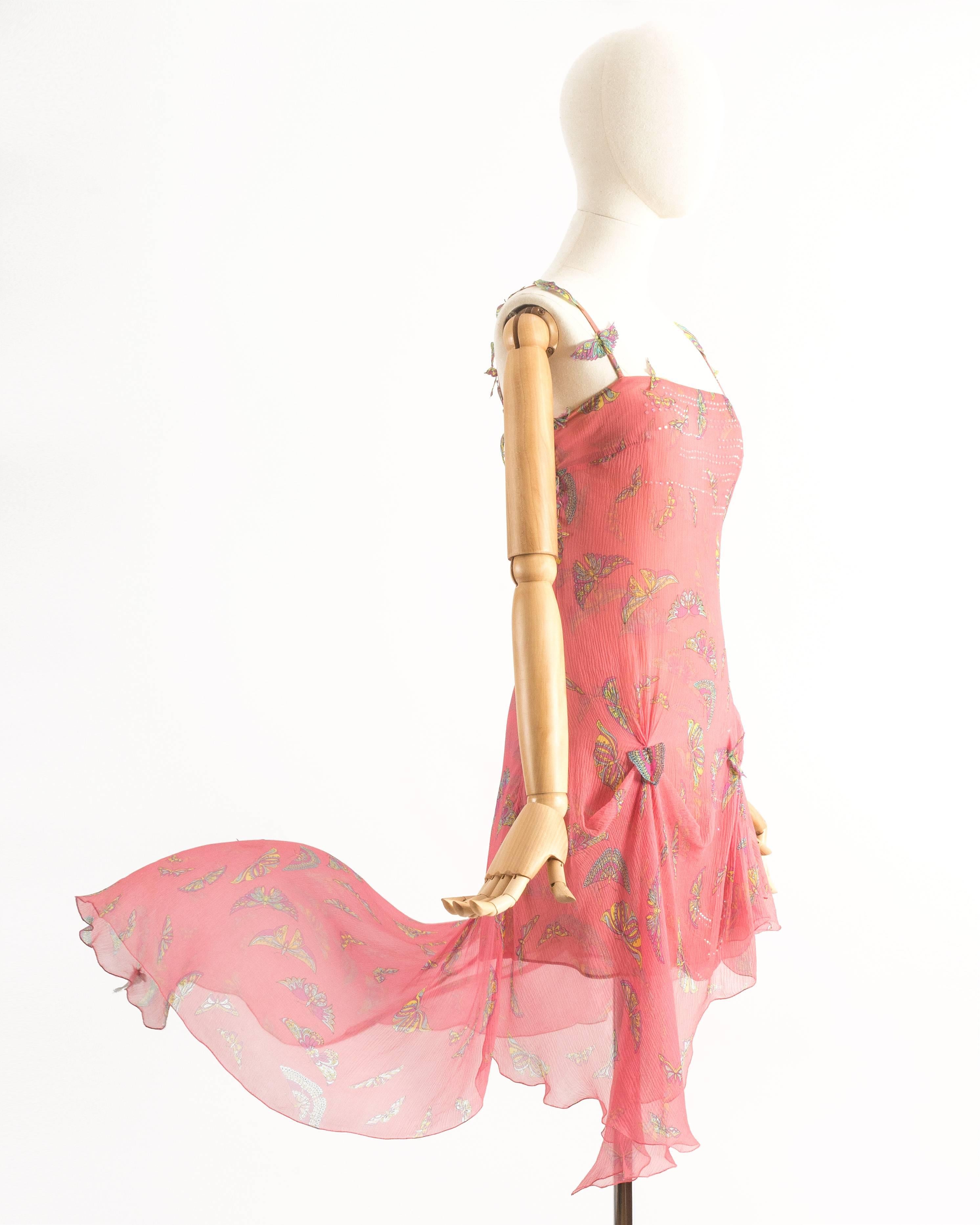 Gianni Versace Autumn-Winter 1999 pink silk chiffon butterfly mini dress with train, 3D butterfly motifs and gems.