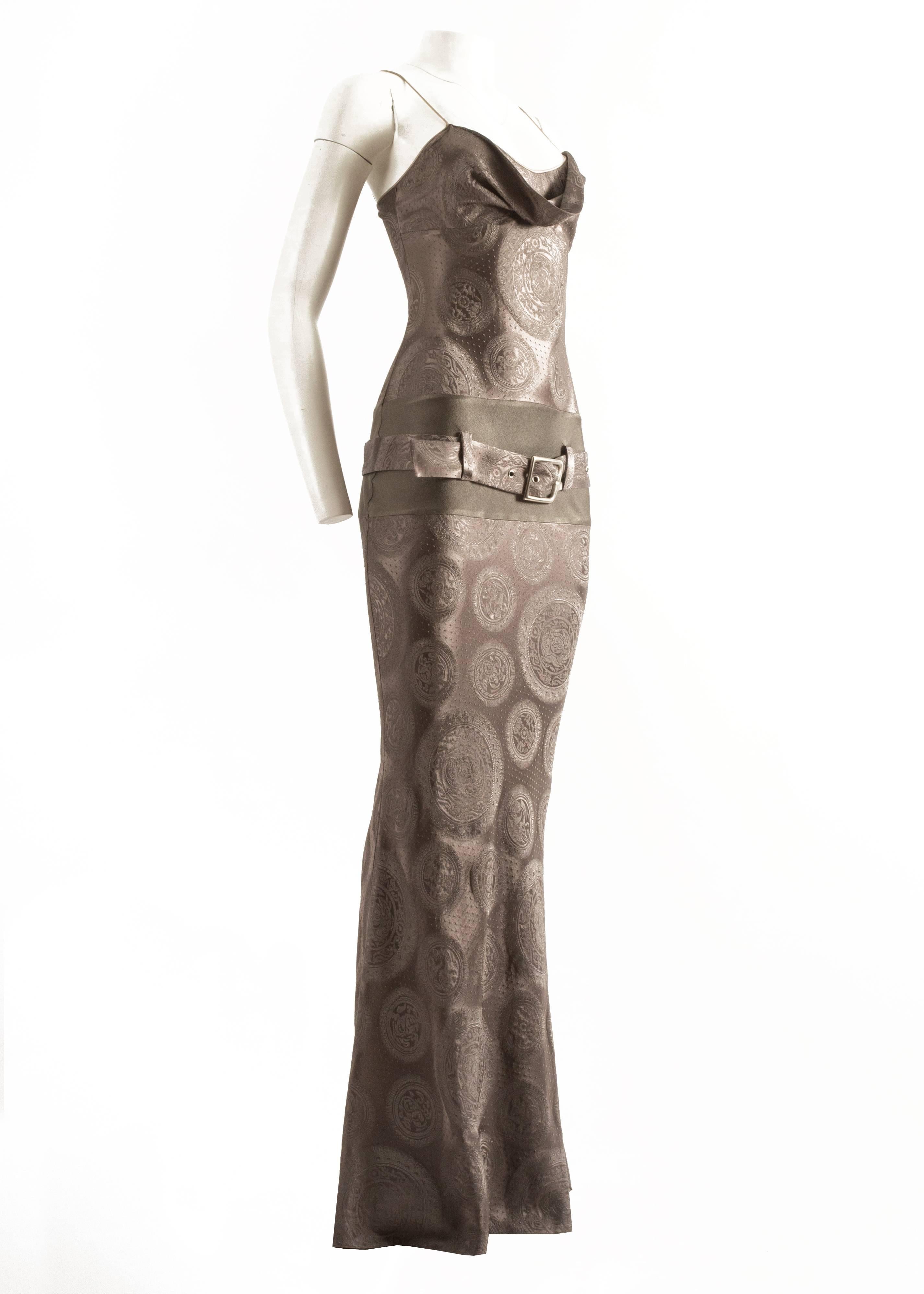 Gray John Galliano 1990s silk brocade evening dress
