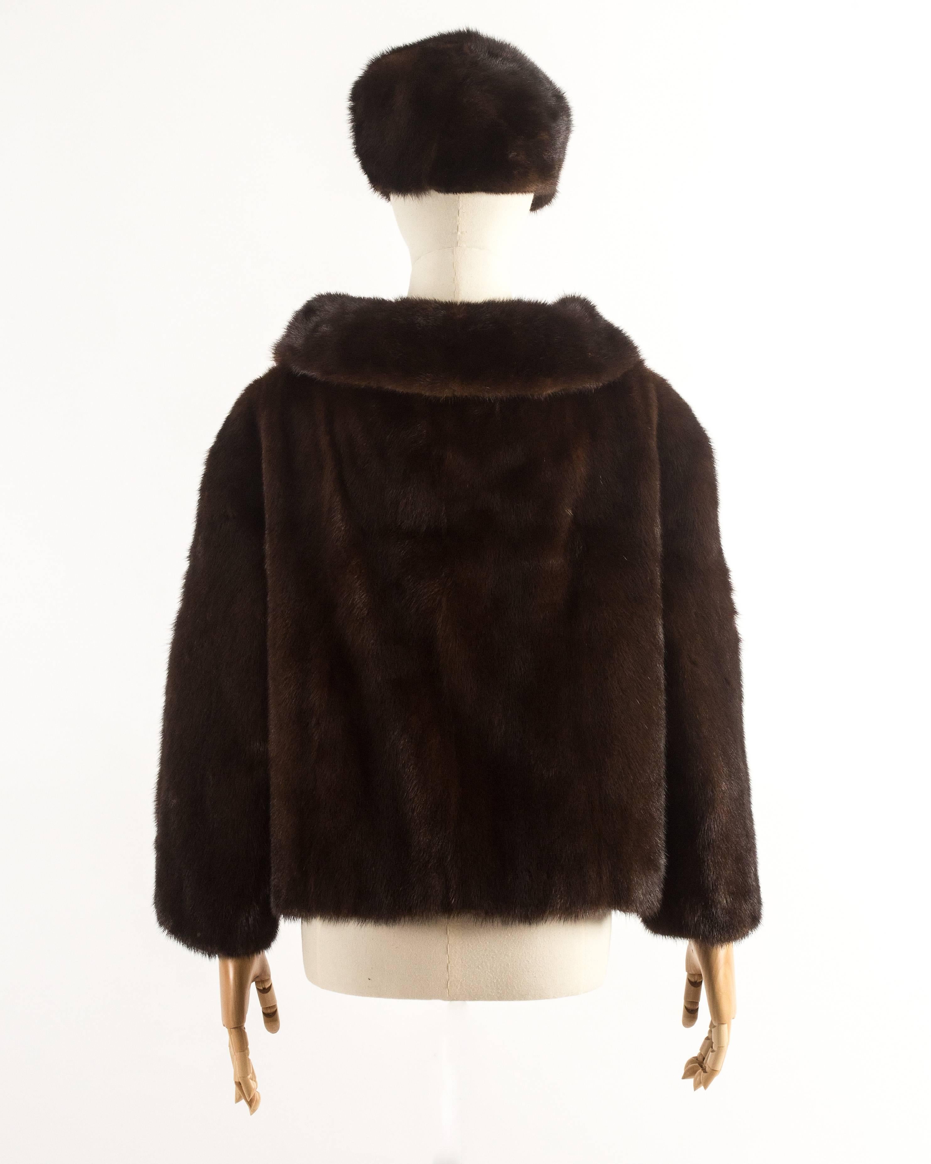 Black Plappert 1960s brown saga mink cropped jacket with matching hat