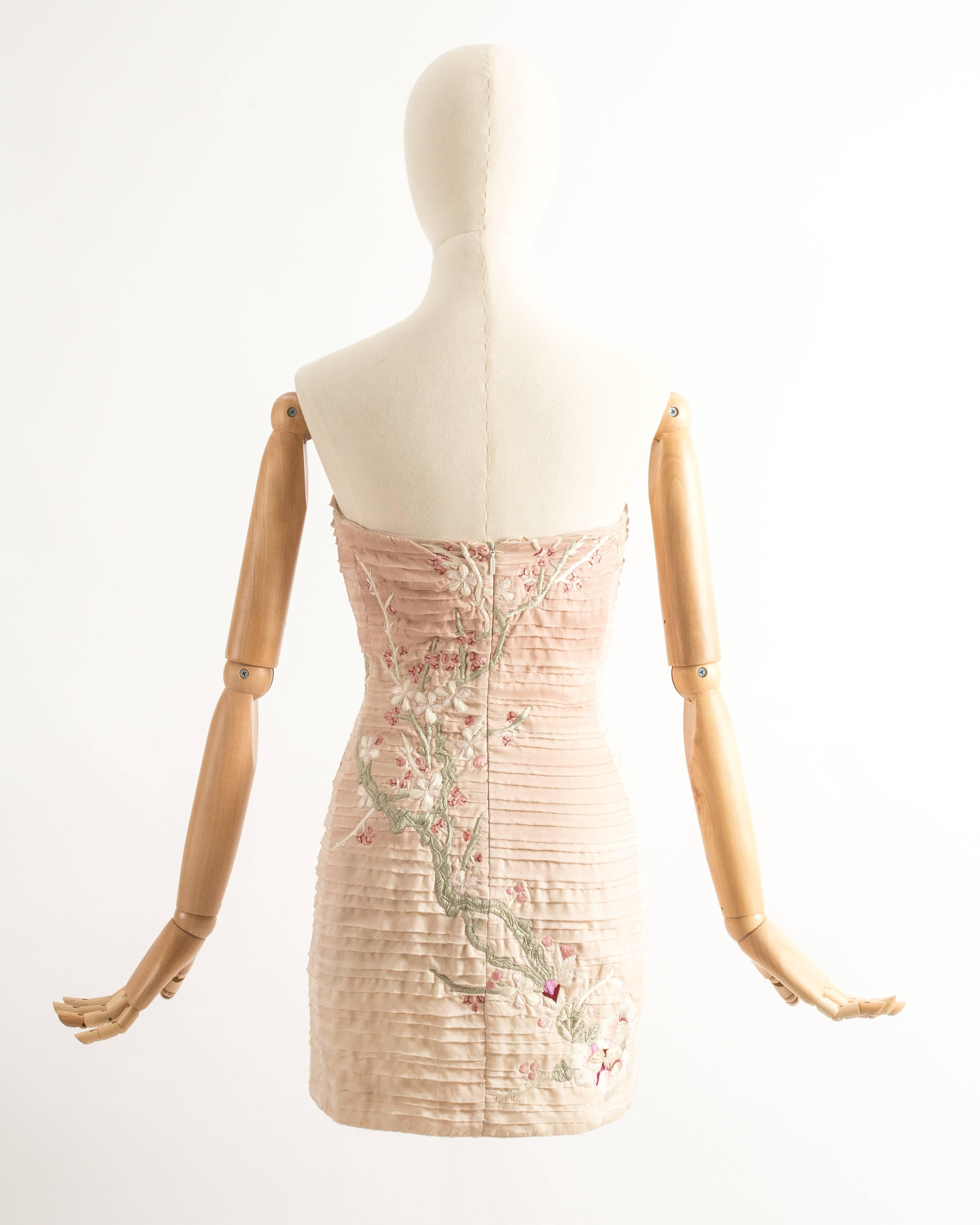 Beige Tom Ford for Gucci pink embroidered silk mini dress, Spring-Summer 2003 