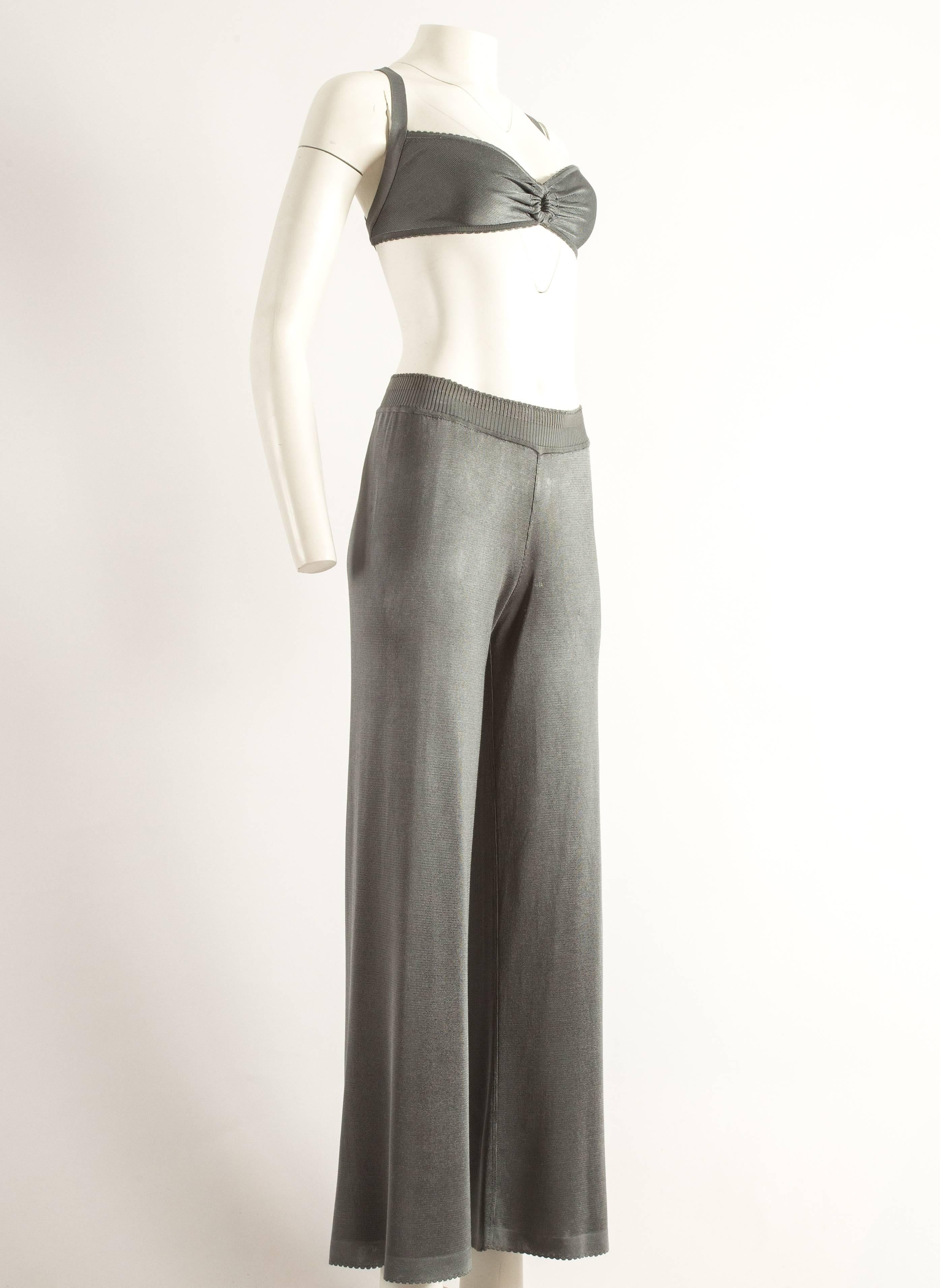 Women's Azzedine Alaia Spring-Summer 1993 grey acetate knitted bra and pants ensemble 
