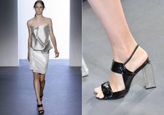 Calvin Klein Spring-Summer black patent leather slingback metal caged heels