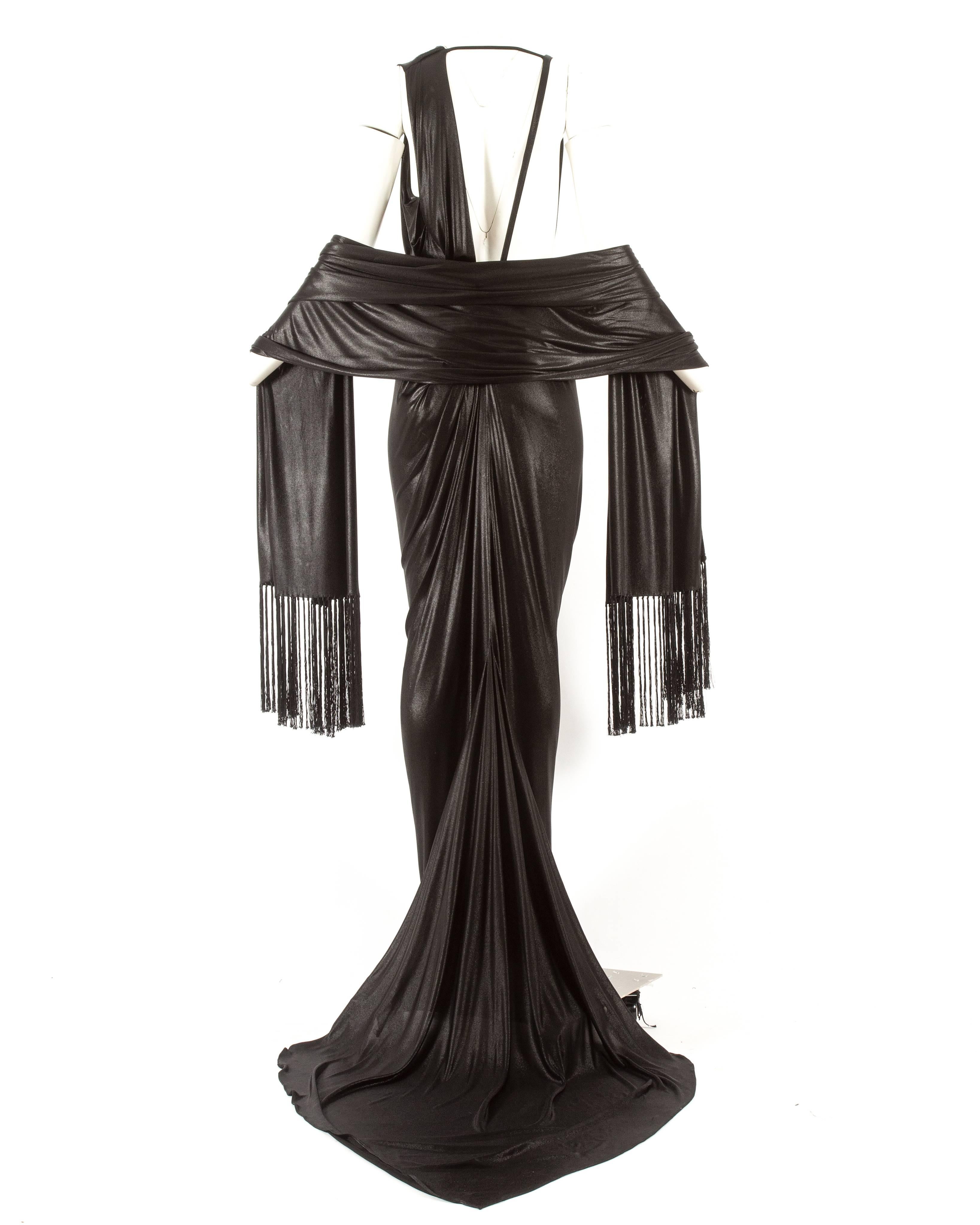 Black John Galliano backless black evening gown with fringed shawl 