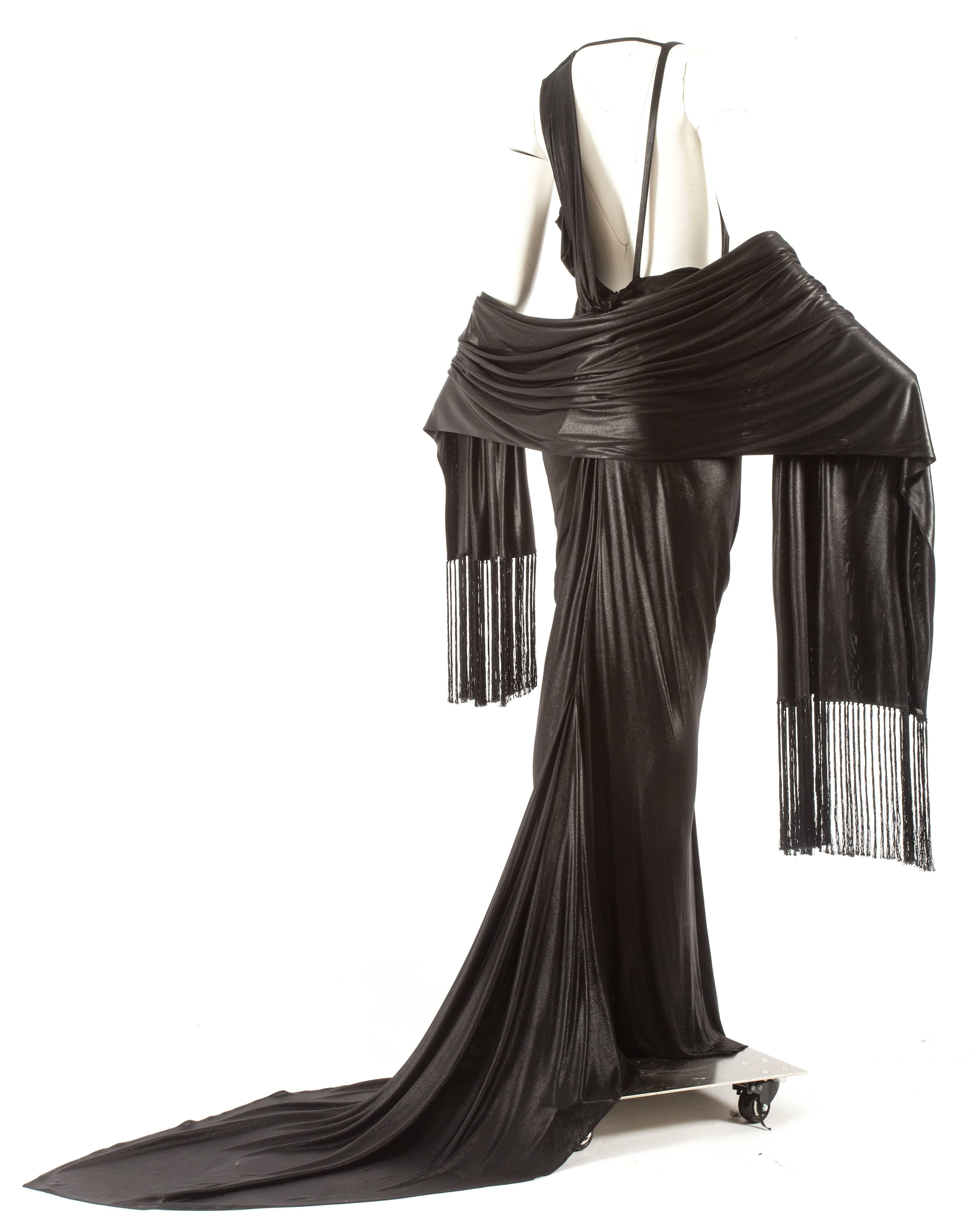 Women's or Men's John Galliano backless black evening gown with fringed shawl 