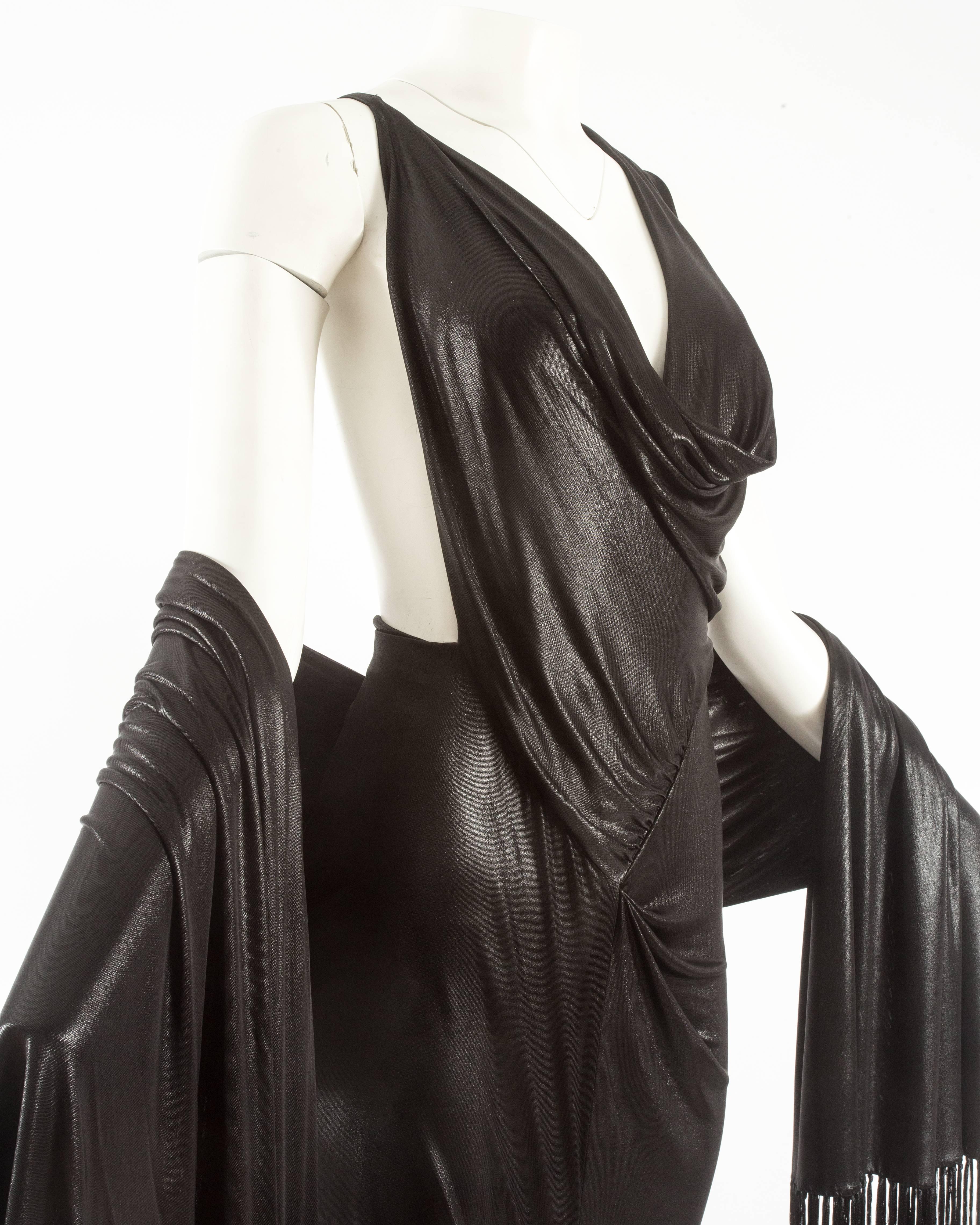John Galliano backless black evening gown with fringed shawl  In Excellent Condition In London, GB