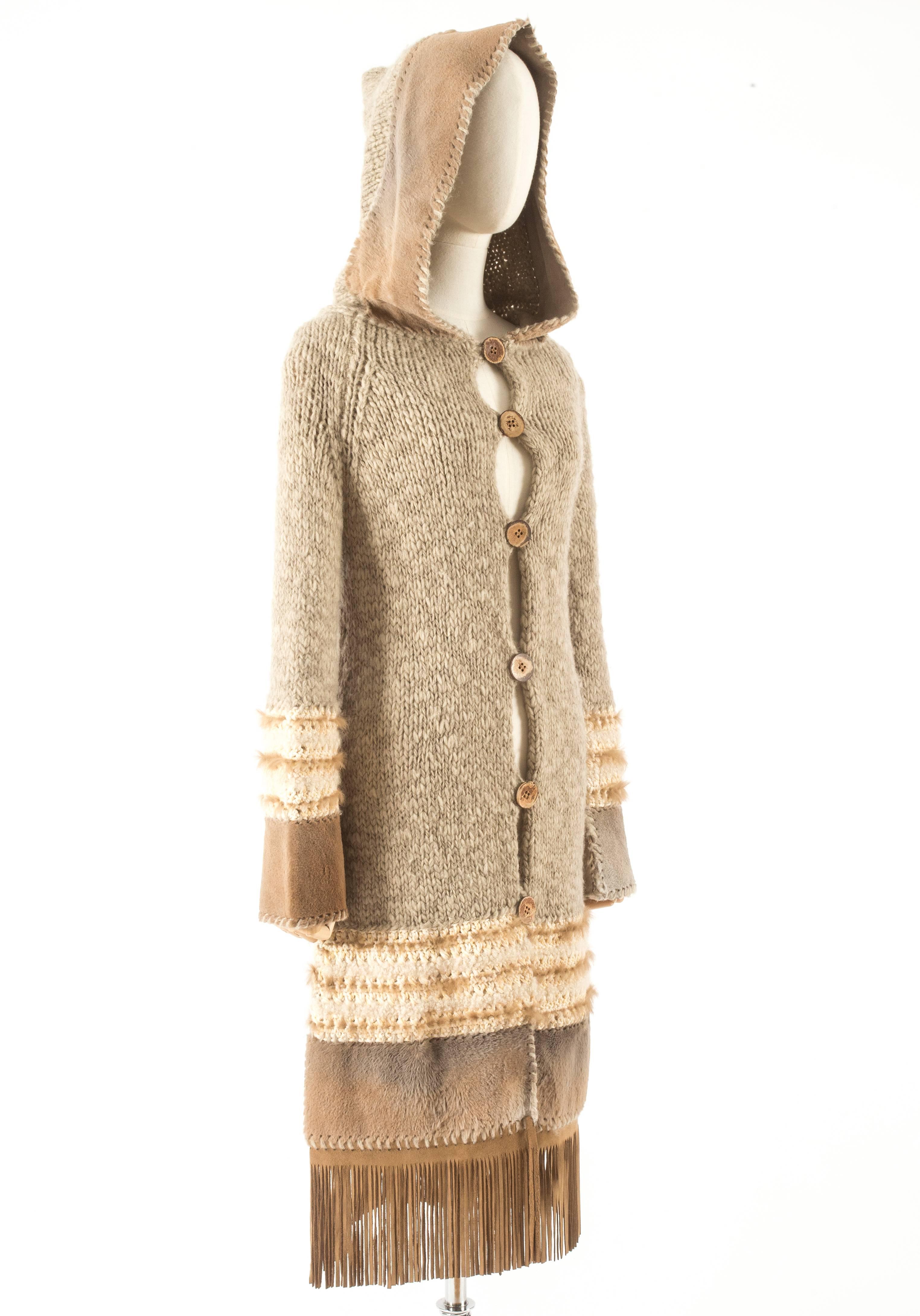 John Galliano for Christian Dior hooded oatmeal knitted jacket with rabbit fur, suede tassels and wooden buttons