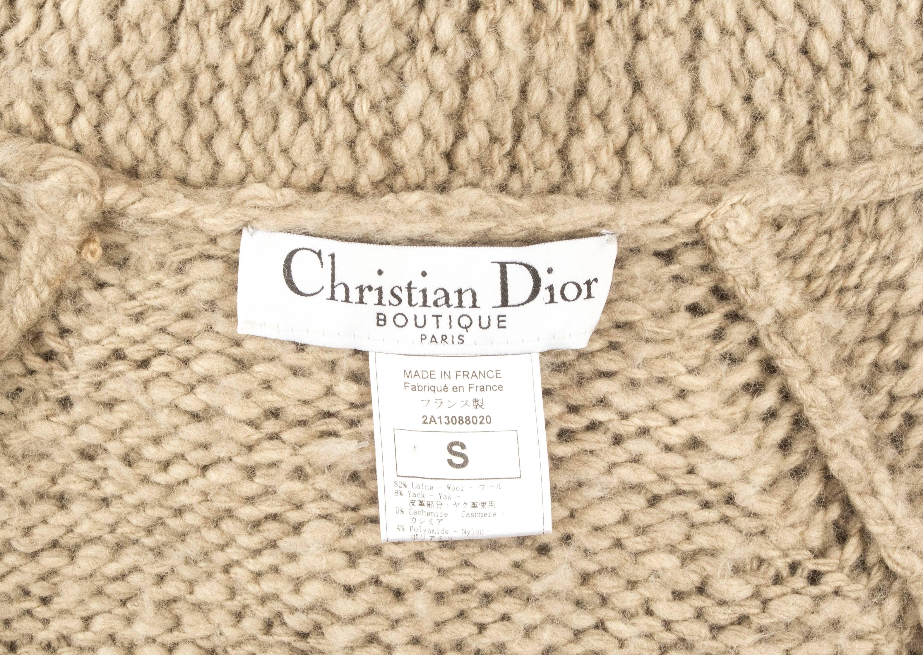 Women's or Men's Christian Dior hooded oatmeal knitted jacket with rabbit fur and suede tassels  For Sale