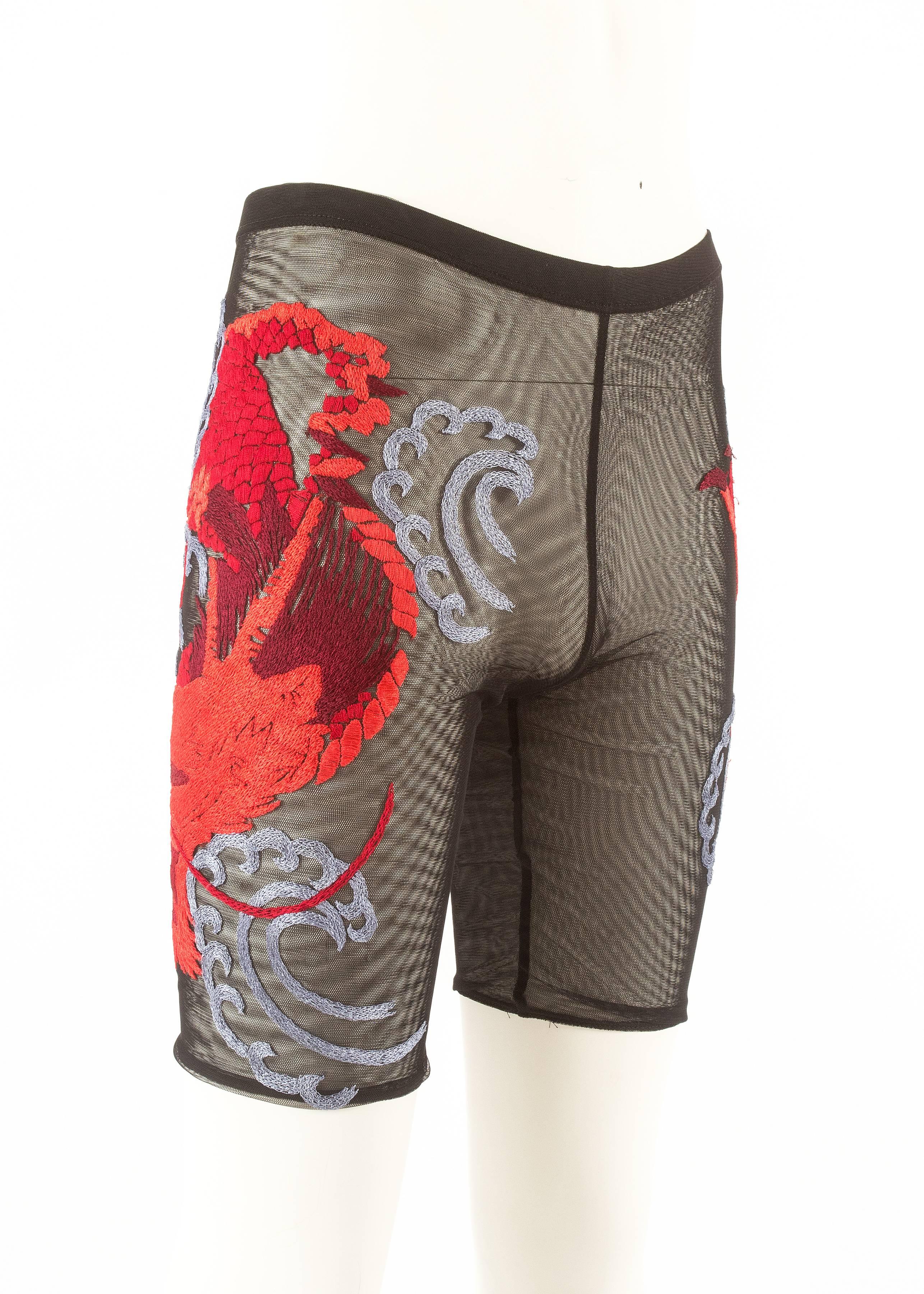 Tom Ford for Gucci Spring-Summer 2001 unisex black sheer net cycling shorts with Chinese dragon embroidery