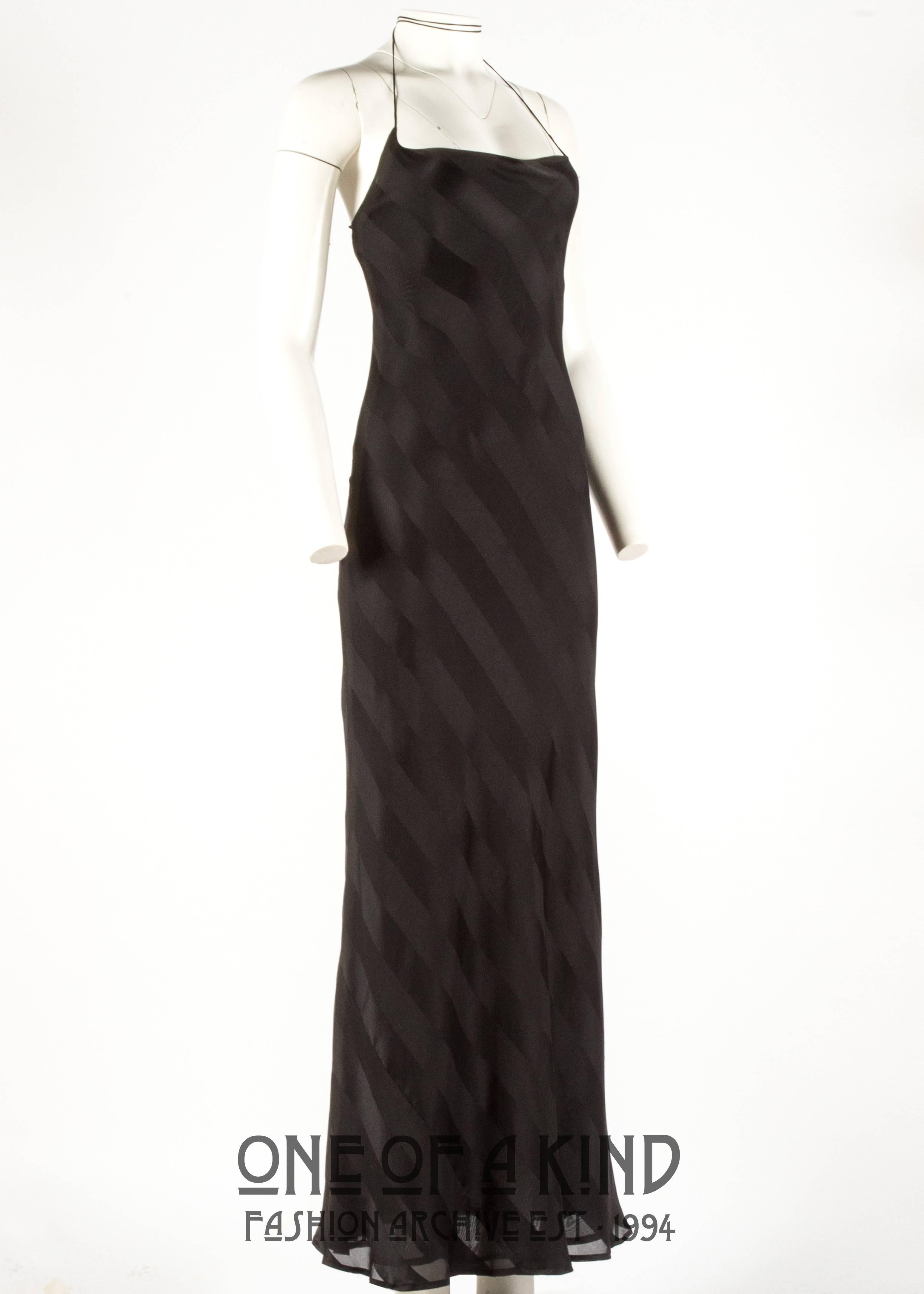 Dolce & Gabbana 1990s black rayon striped halter neck evening dress In Excellent Condition In London, GB