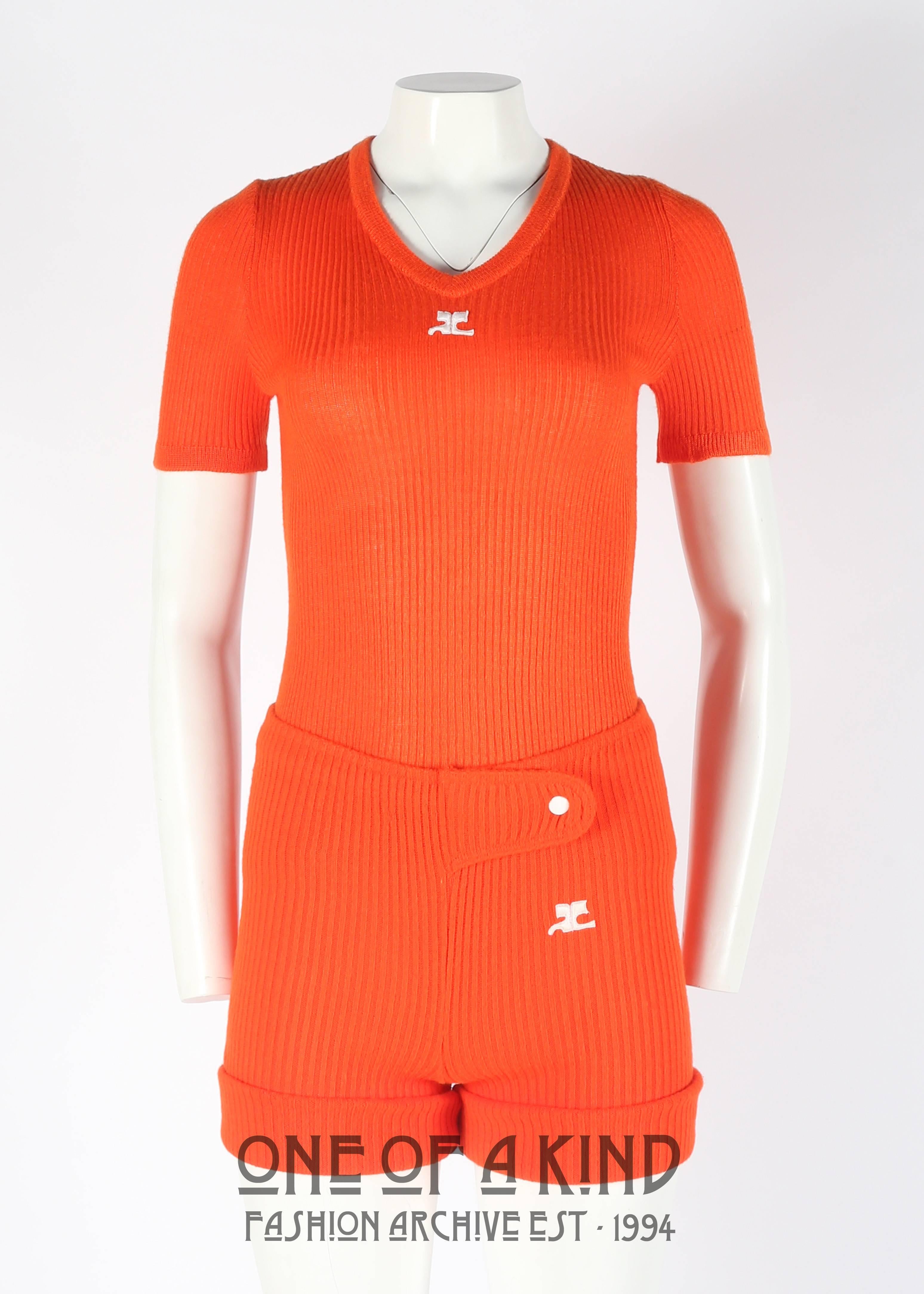 Red Courreges 1960s orange rib knit shorts and t-shirt ensemble 