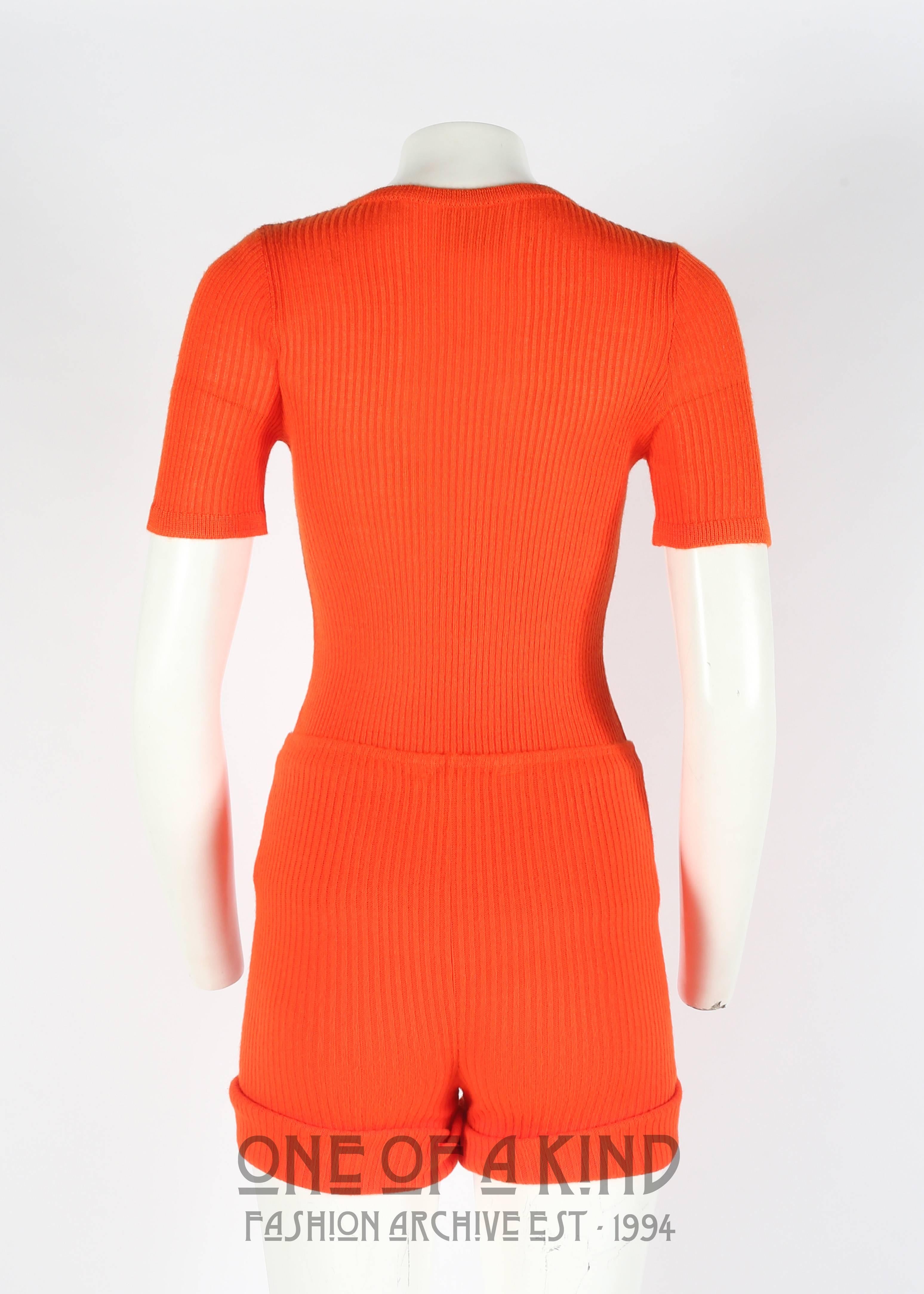 Women's Courreges 1960s orange rib knit shorts and t-shirt ensemble 