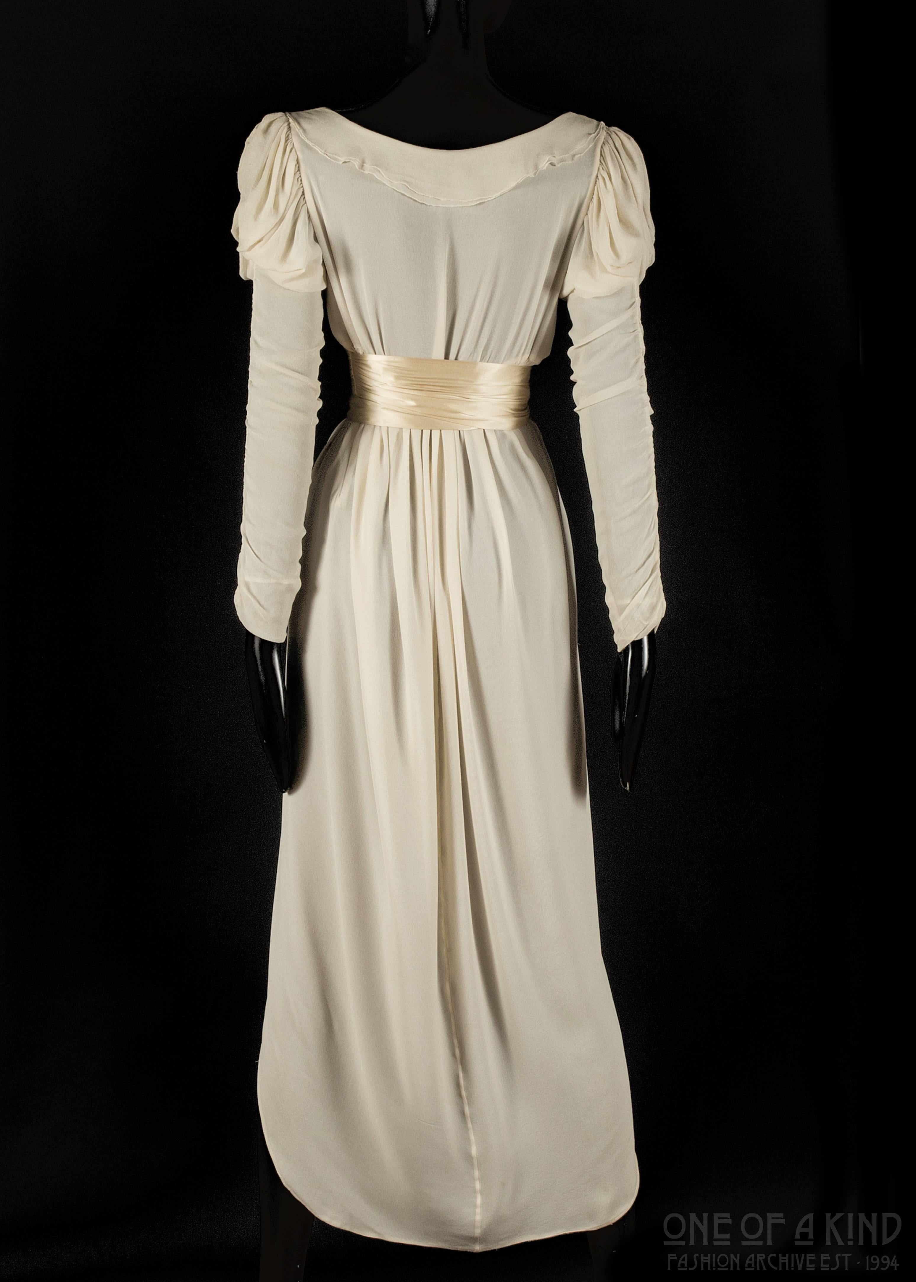 Beige Ivory silk chiffon puff sleeve evening dress, 1970s