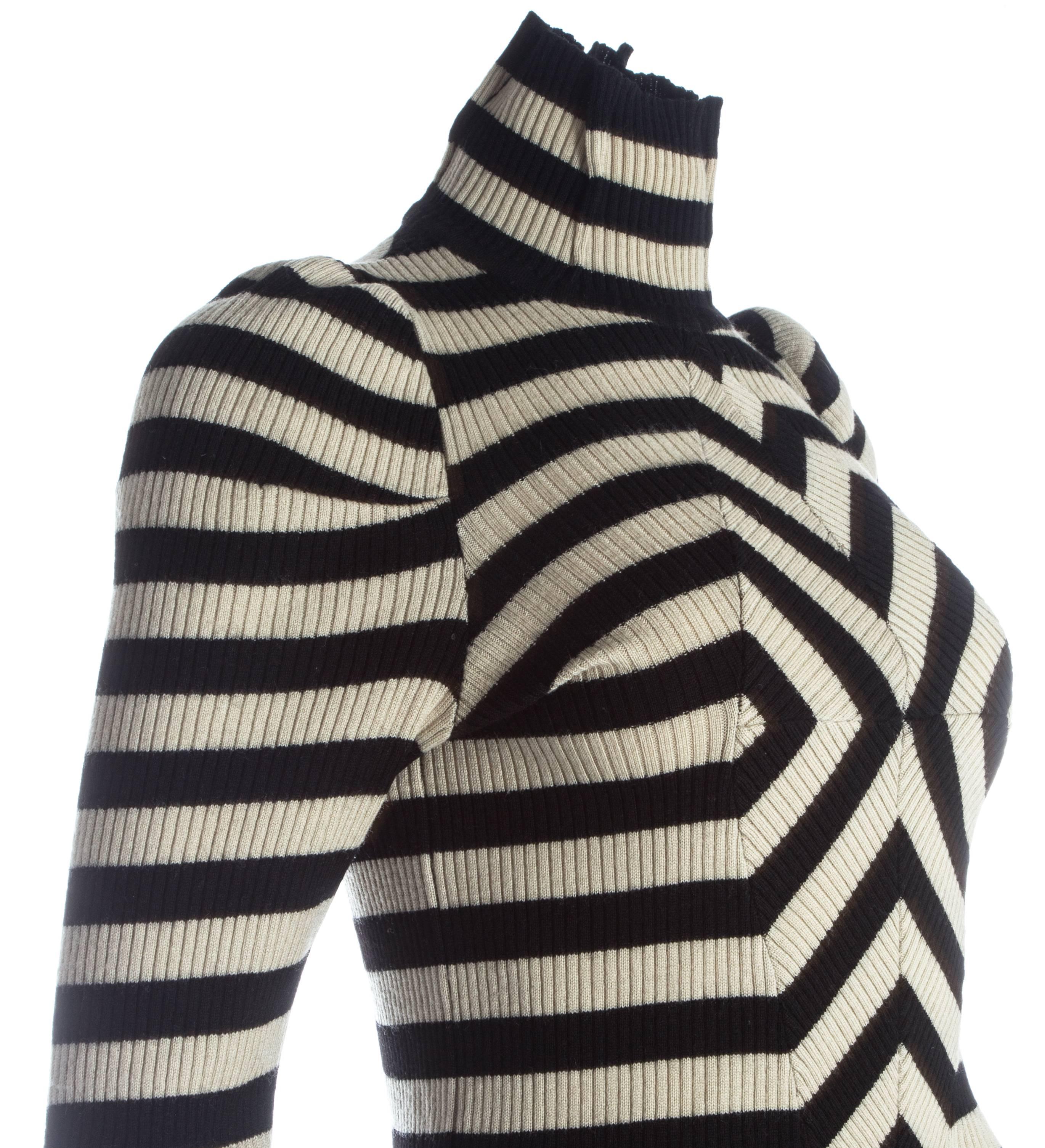 Women's or Men's Margiela striped sweater with leather elbow patches and inverted darts, A/W 1989