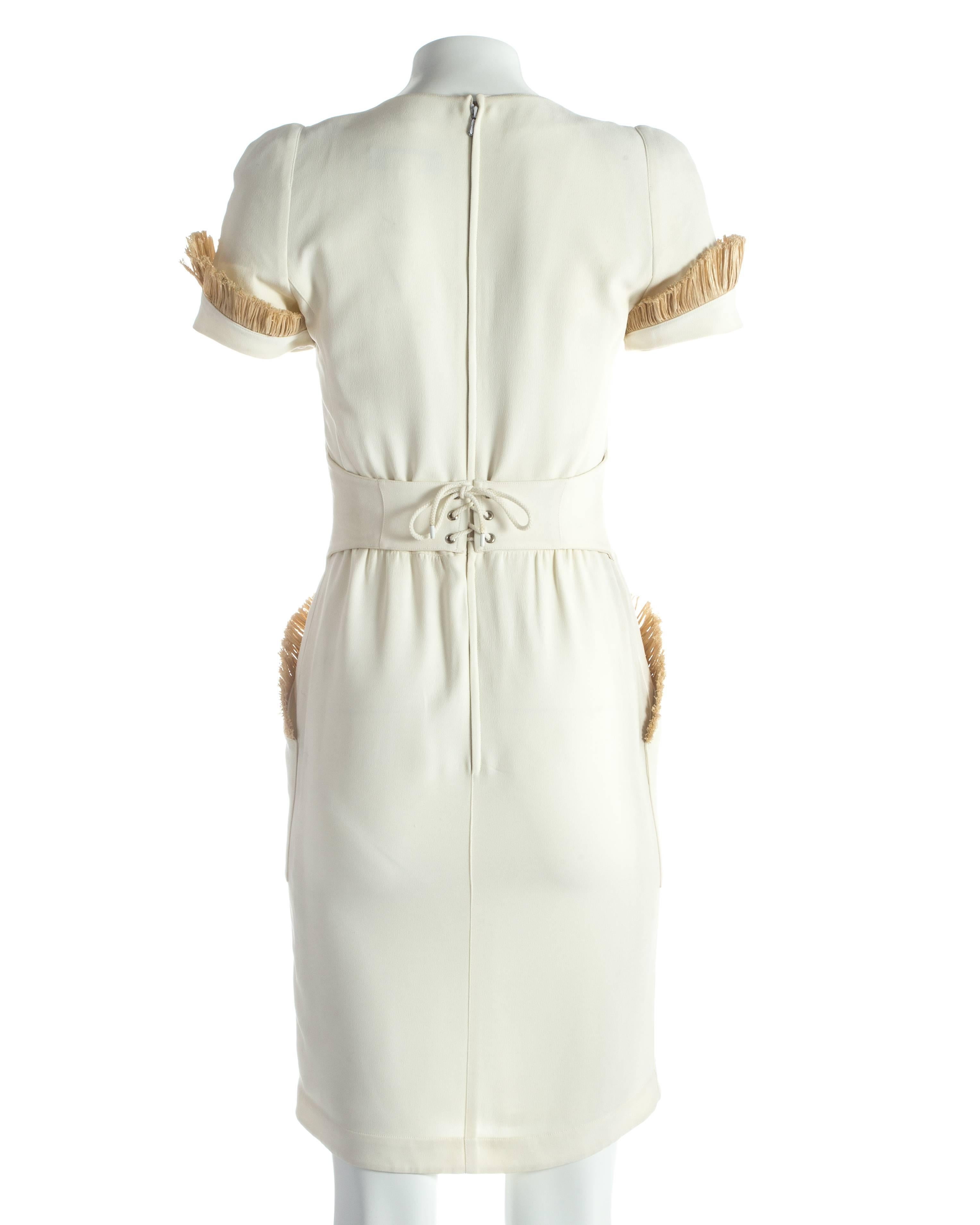 Thierry Mugler ivory cocktail dress with raffia trim, S / S 1995 In Excellent Condition In London, GB