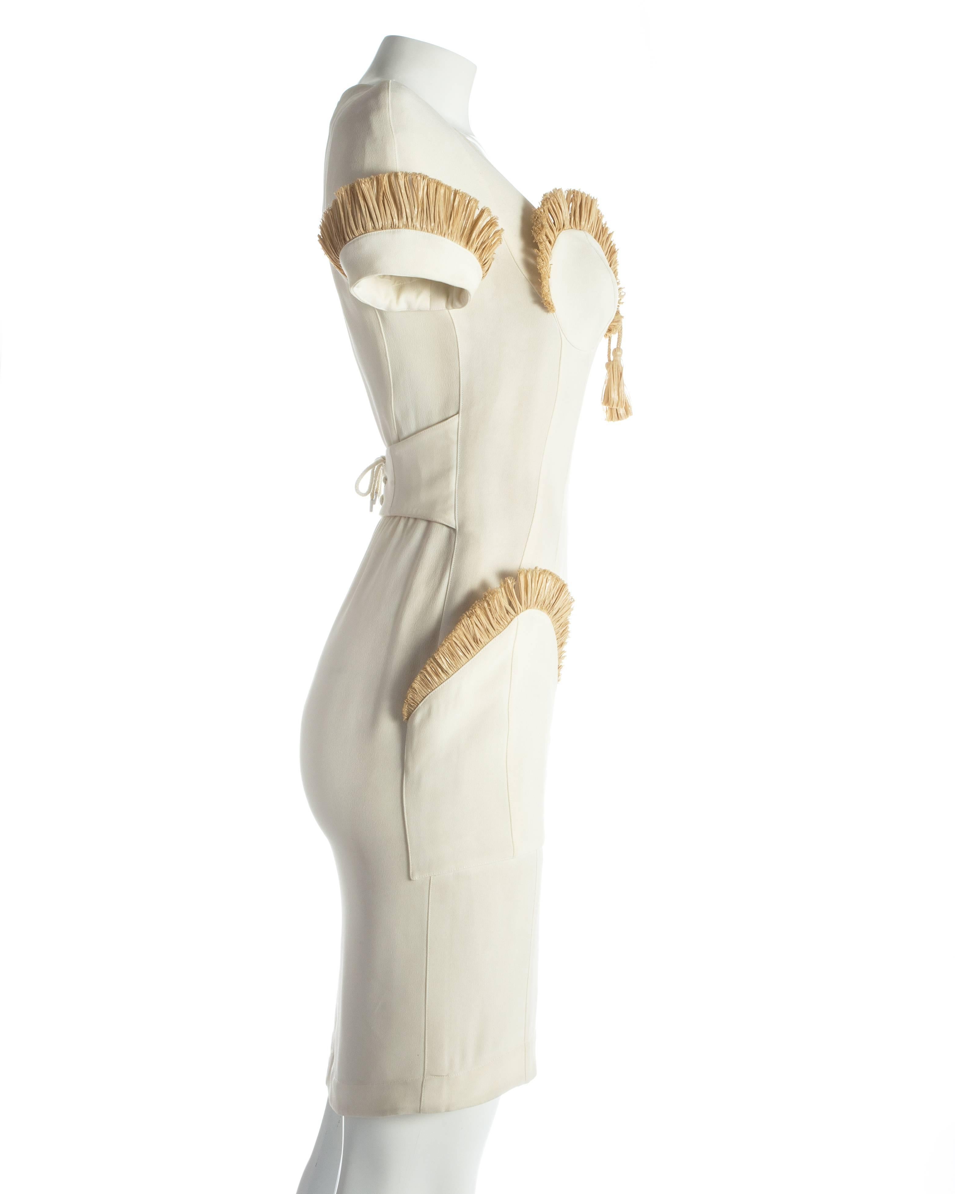 Beige Thierry Mugler ivory cocktail dress with raffia trim, S / S 1995