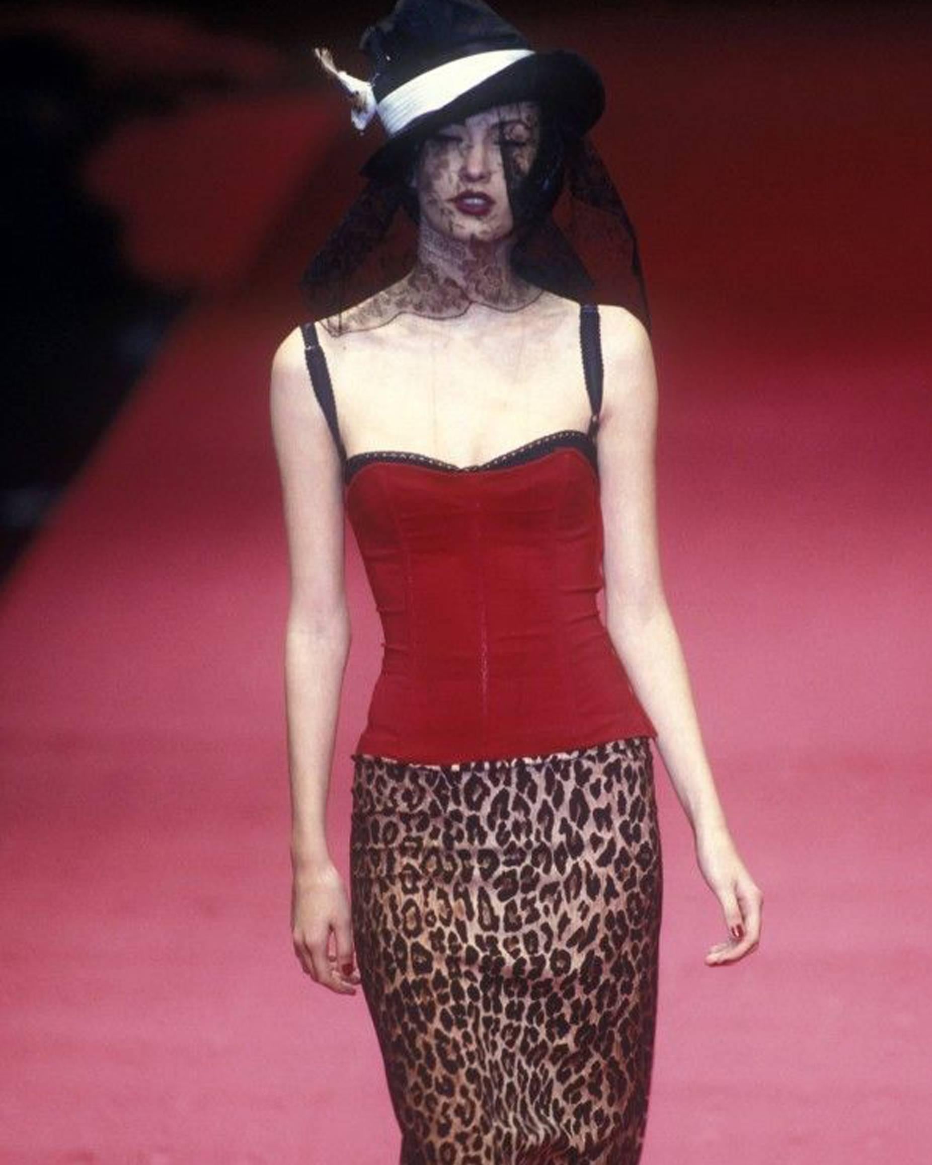Black Dolce & Gabbana red corset and leopard print skirt with train ensemble, A/W 1997