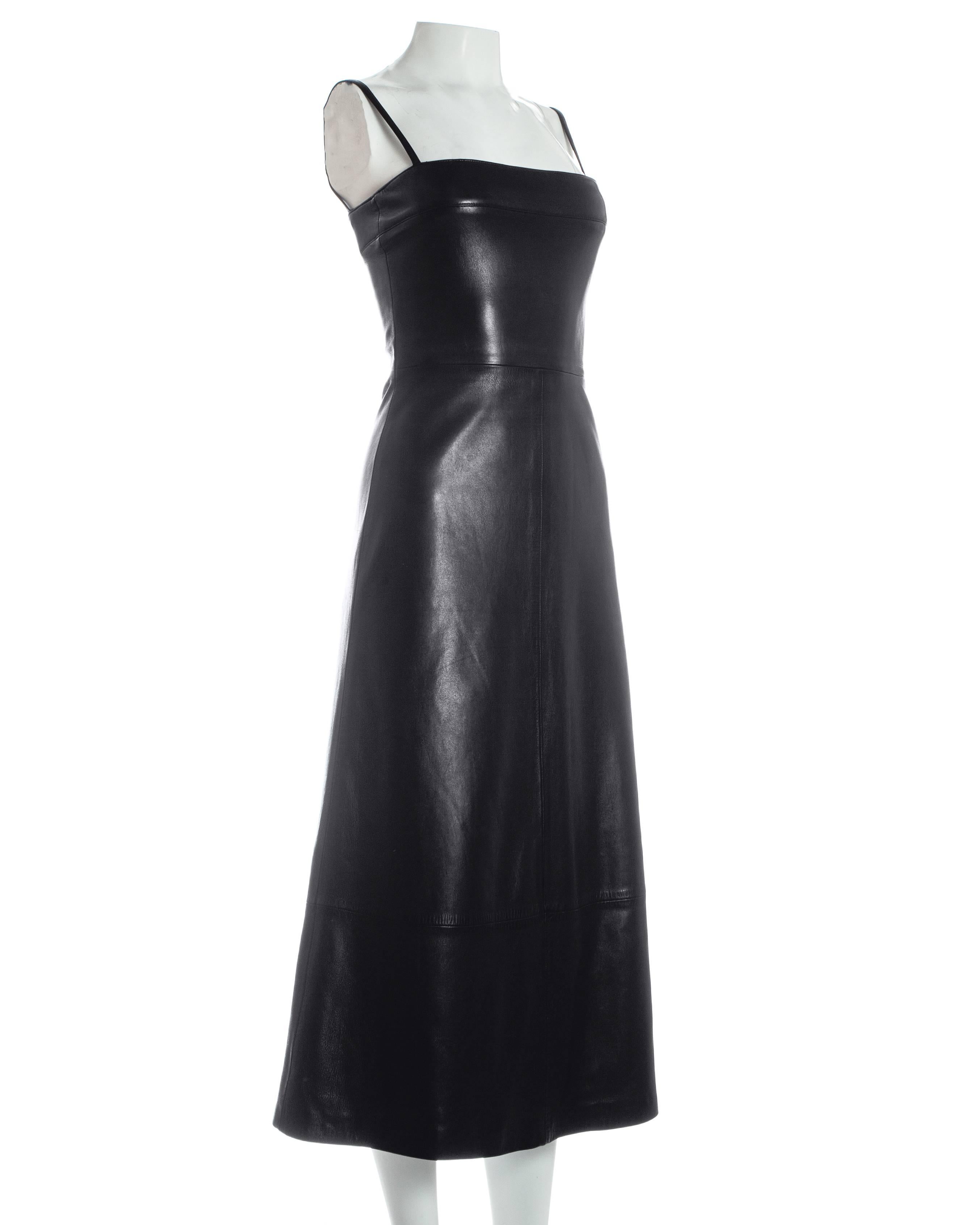 Black Gianni Versace black lambskin leather A-line ankle length dress, circa 1998